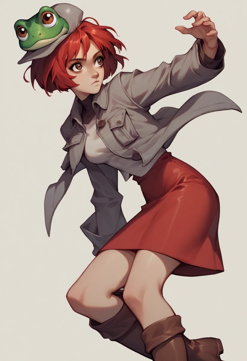 WillVandomWITCHXL, brown eyes,red hair, short hair, bob cut, 90s frog hat, hair beetwen eyes, medium breasts, gray jacket, , long red skirt, brown boots