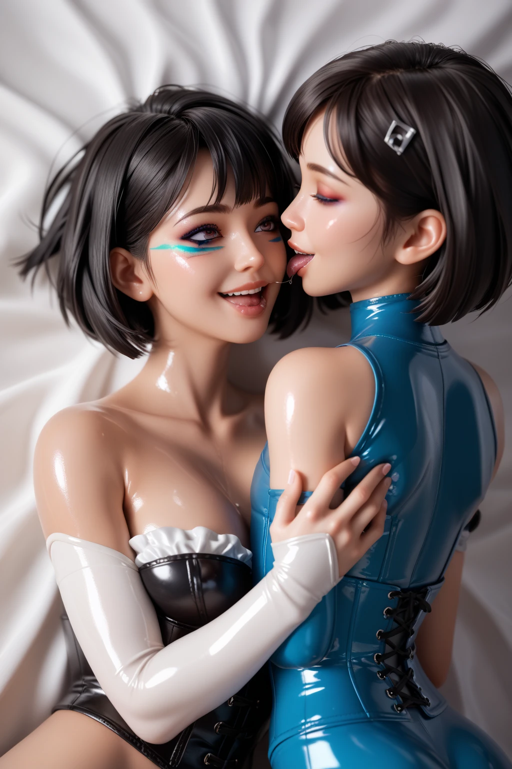 Dark-skinned mother and young daughter with bob cut in extremely tight shiny latex sweatshirt, langes Haar,  black hair, saliva, salivafluss, salivaspur, Lens reflection, Reflected light,  high resolution ,  masterpiece, Strong Makeup,smile, Spiral eyes, Are mother and young daughter in bed together , corset, very strong shiny skin, kiss,from above, 