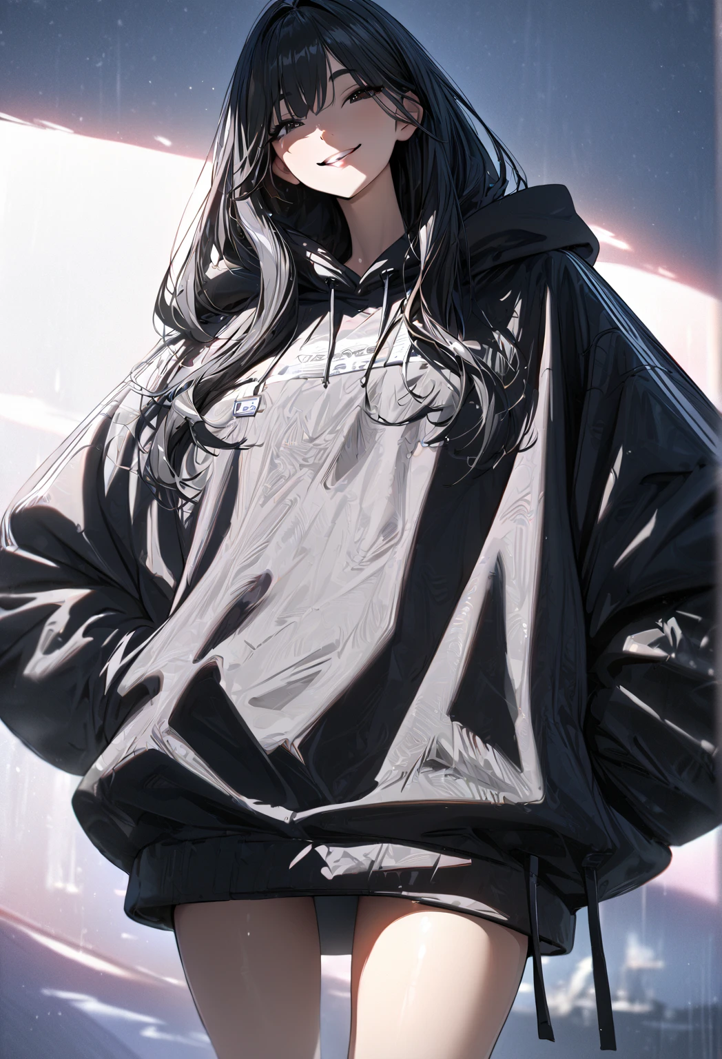 (  Masterpiece :1.2,   best quality), ( It's high definition ),     1 girl  ,  long legs ,   long hair,   oversized hoodie,   standing, smile,   original character  , Volumetric Light,  Best Shadow ,   Shallow Depth of Field , (   best quality , Amazing Details:1.25), 