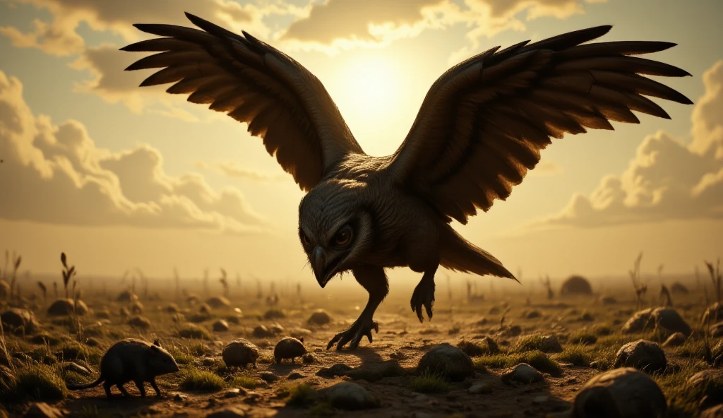 a silhouette of an owl hovering over mouse at dawn, sun rays, open field background, National Geographic photoshoot, silhouette artwork, hyp3rd3tail style