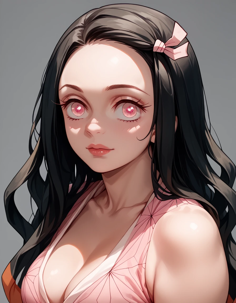 (ultra quality),((artwork)), Nezuko Kamado, (sensual facial expression), (bright eyes),((sensual)), (medium breasts), (ideal female bodies), ((beautiful curves)),(wide hips), (beautiful legs),(pink dress clothes) close up on face, photo shoot.