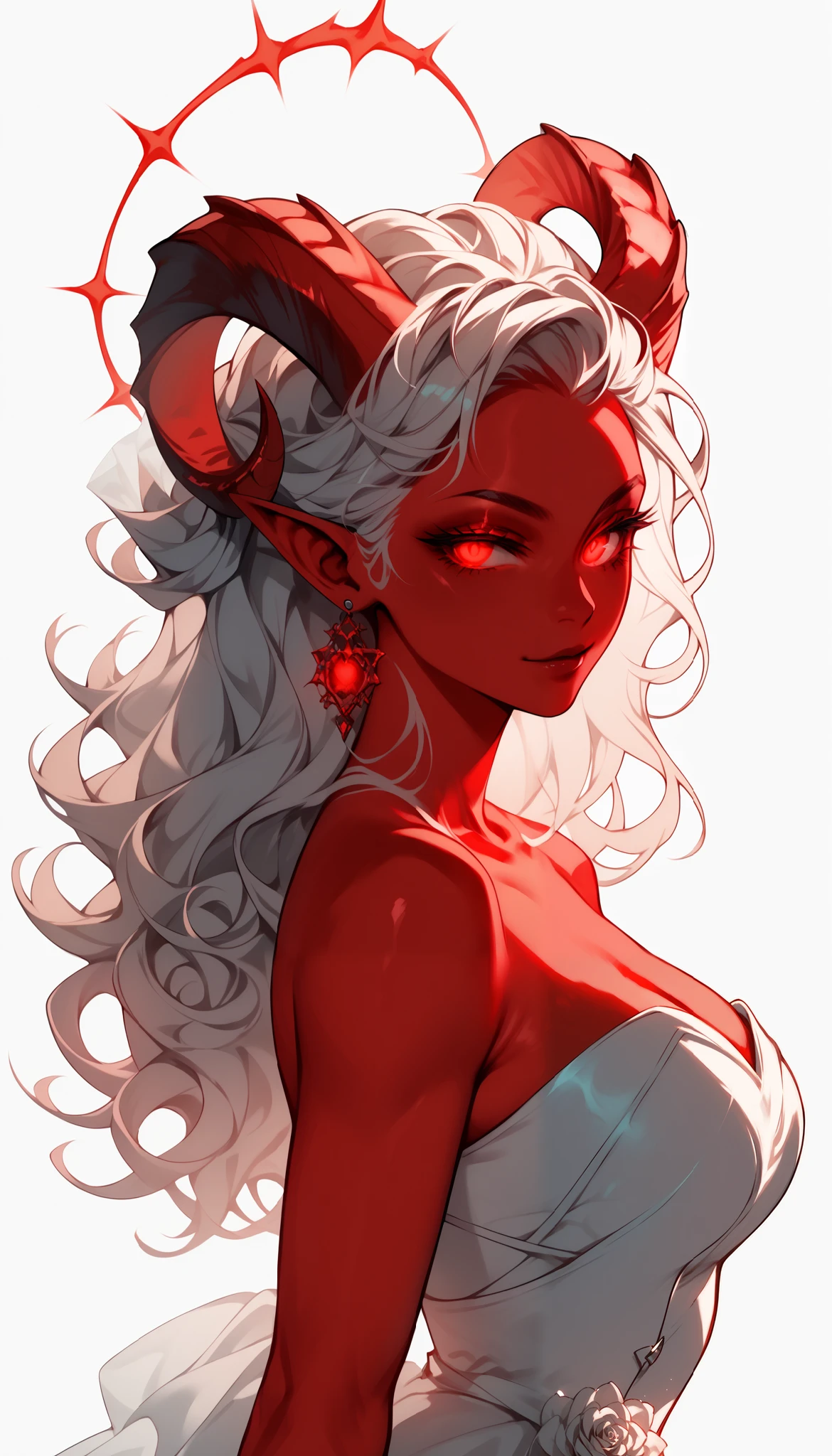 score_9, score_8_up, score_7_up, 1girl, solo, flowing hair, glowing red eyes, curved ram horns, sharp ears, red skin, demoness, stark white background, limited red palette, monochromatic, eerie atmosphere, light wedding dress, seductive,
