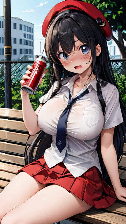 (  Masterpiece , Highest_quality), extremely_  Details_CG,   woman holding canned juice posing for a photo in a sexy crimson swimsuit ,  has a smiling face that opens her crotch lightly,  happy ,  long hair,   straight hair,  fine skin,  beautiful hands, Beautiful fingers ,  wearing a beret,  ties, Short sleeve blouse,  pleated skirt , Thighs,  absolute domain,  Knee Socks , Daytime, Hot summer day, School, Schoolyard,  is sitting on a bench, Canned juiceを持っている,  natural light,   Details face:1.2,  sharp concentration,   Hasselblad Pictures ,   Masterpiece , light makeup,  cinematic lighting , 4K, highest quality, sharpness,  anime style, whole body, Canned juice,  black hair long hair, big breasts