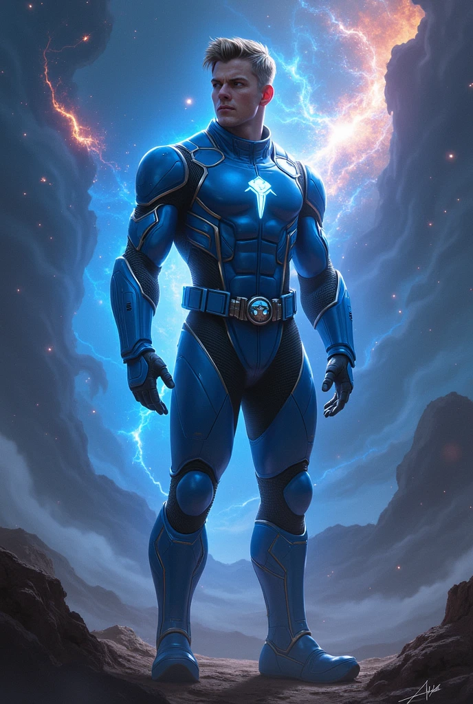Starlord in a blue and black suit in a galaxy with his mask, and the hair tinted blue with white