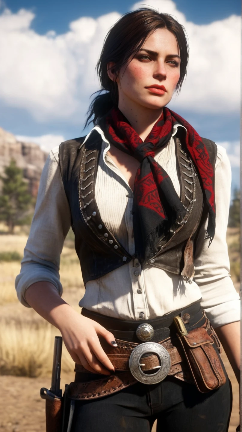 realistic photo, shiny skin, western scene, sky with clouds, female outlaw, busty, breasts, big cleavage, small black scarf, raw photo, Red Dead Redemption style, 8k, UHD, DSLR, insane details, award-winning photo