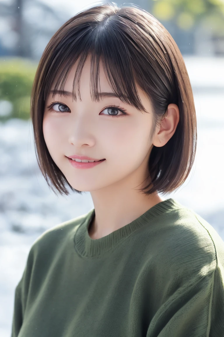 masterpiece,  best quality,  one woman, (Winter clothes、Light Green Sweater:1.2), 20 years old、(RAW 写真 best quality), (reality, reality的:1.4),  sexy、iris、 very detailed eyes and face,  beautiful and detailed nose, beautiful eyes,  perfect anatomy 、 black hair、 shorthair、bangs、 shiny skin、 has red cheeks、A cool smile、 face focus 、  The background is a snowy mountain 、Lighting from behind