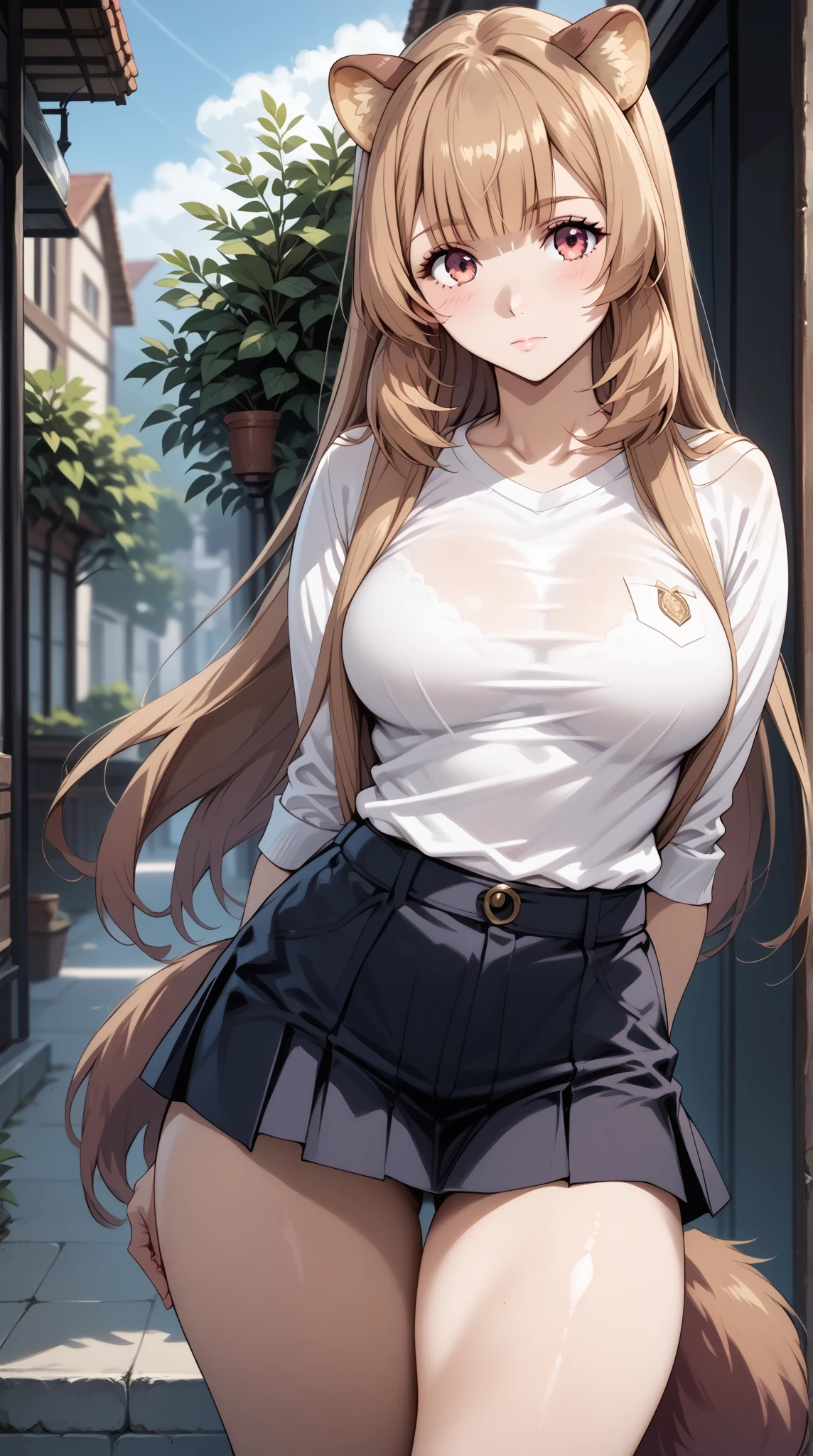 Masterpiece, extremely detailed,4k,solo,1girl,fullbody,stand up,raphtalia,large breasts, perfect slim body,long sexy legs,arms behind back ,looking at viewers,((short skirt)),white tshirt ,((closed mouth)) ,brown hair,front looks,cowboy shot,photoshoot pose