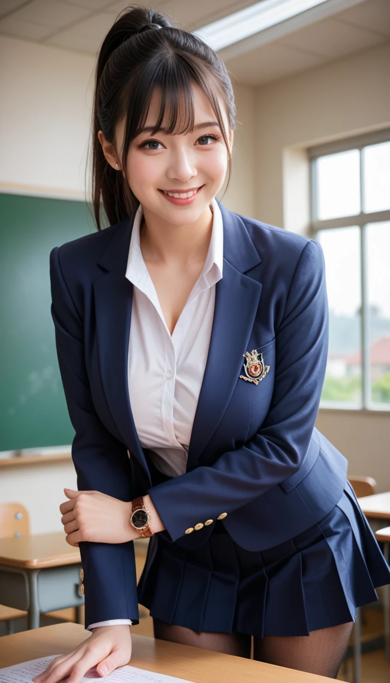  score_9,  score_8_up,  score_7_up, super detailed,  BREAK Complete Anatomy  , 32K,  Masterpiece ,  best quality, super high definition ,  beautiful face and eye details flooded into the classroom,  beautiful Japanese woman  ,  black hair,  ponytail,smile,steam,  school uniform,  blazer,  modern style fitted jacket that makes you lean forward when you run into the classroom,short skirt and tights, Turn your hands backwards, Big Breasts ,  leaning forward when rushing into the classroom,the above,upper body,  watch viewers,town