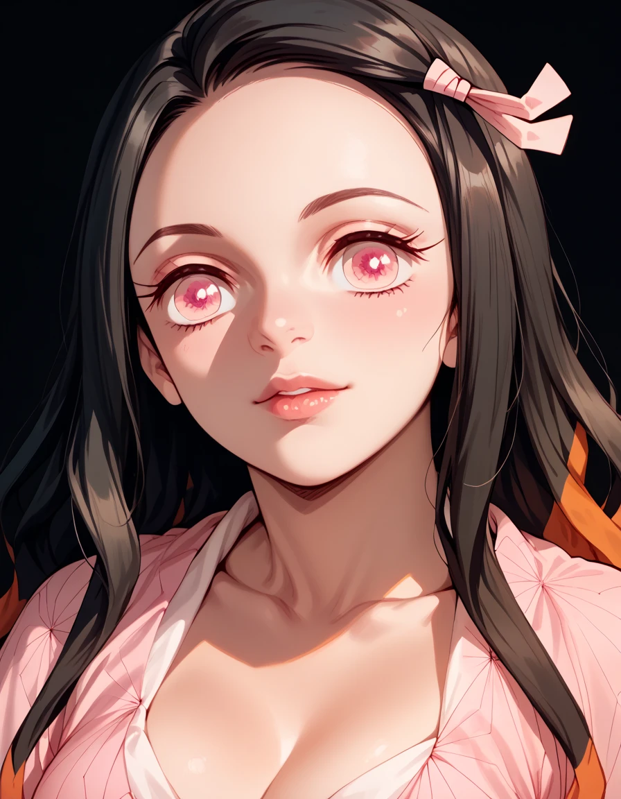 (ultra quality),((artwork)), Nezuko Kamado, (sensual facial expression), (bright eyes),((sensual)), (medium breasts), (ideal female bodies), ((beautiful curves)),(wide hips), (beautiful legs),(pink dress clothes) close up on face, photo shoot.