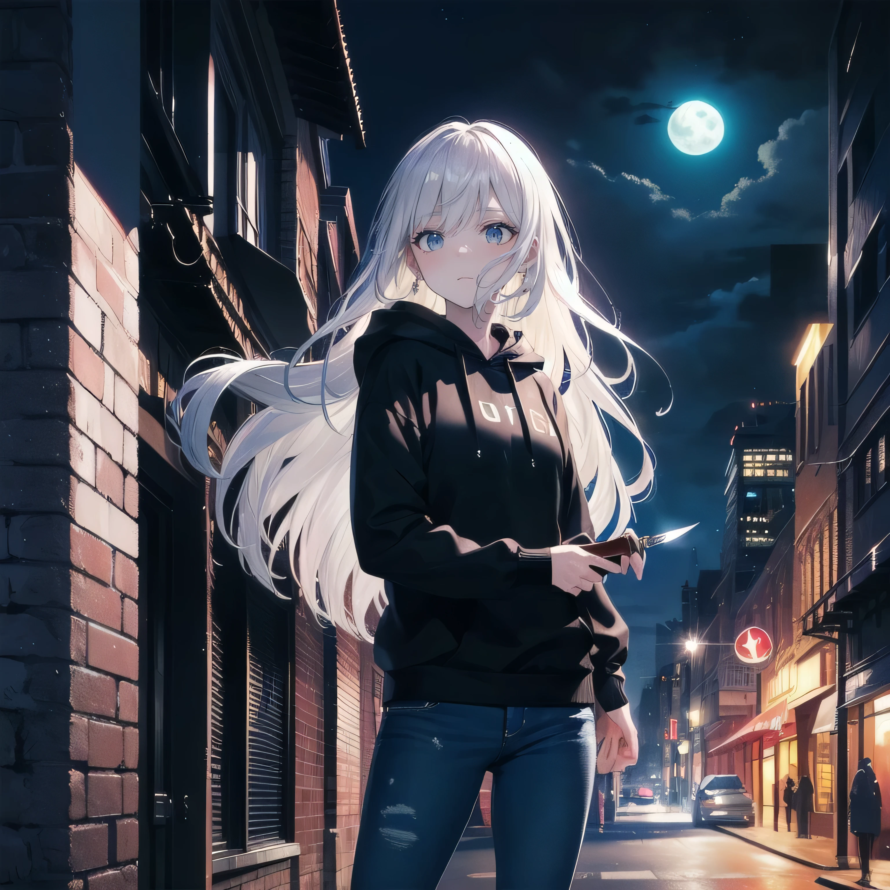 (masterpiece), (best quality), ultra detailed, finely detailed color, cenematic painting, (Top image quality), (Ultra Detailed), (Facing forward), top quality, masterpiece, (((only 1 girl))), Silver Hair, white hair, ((Long hair)), (deep blue eyes:1.6), night, (moonlight), city, urban, ((holding knife)), black hoodie, long jeans, skyline