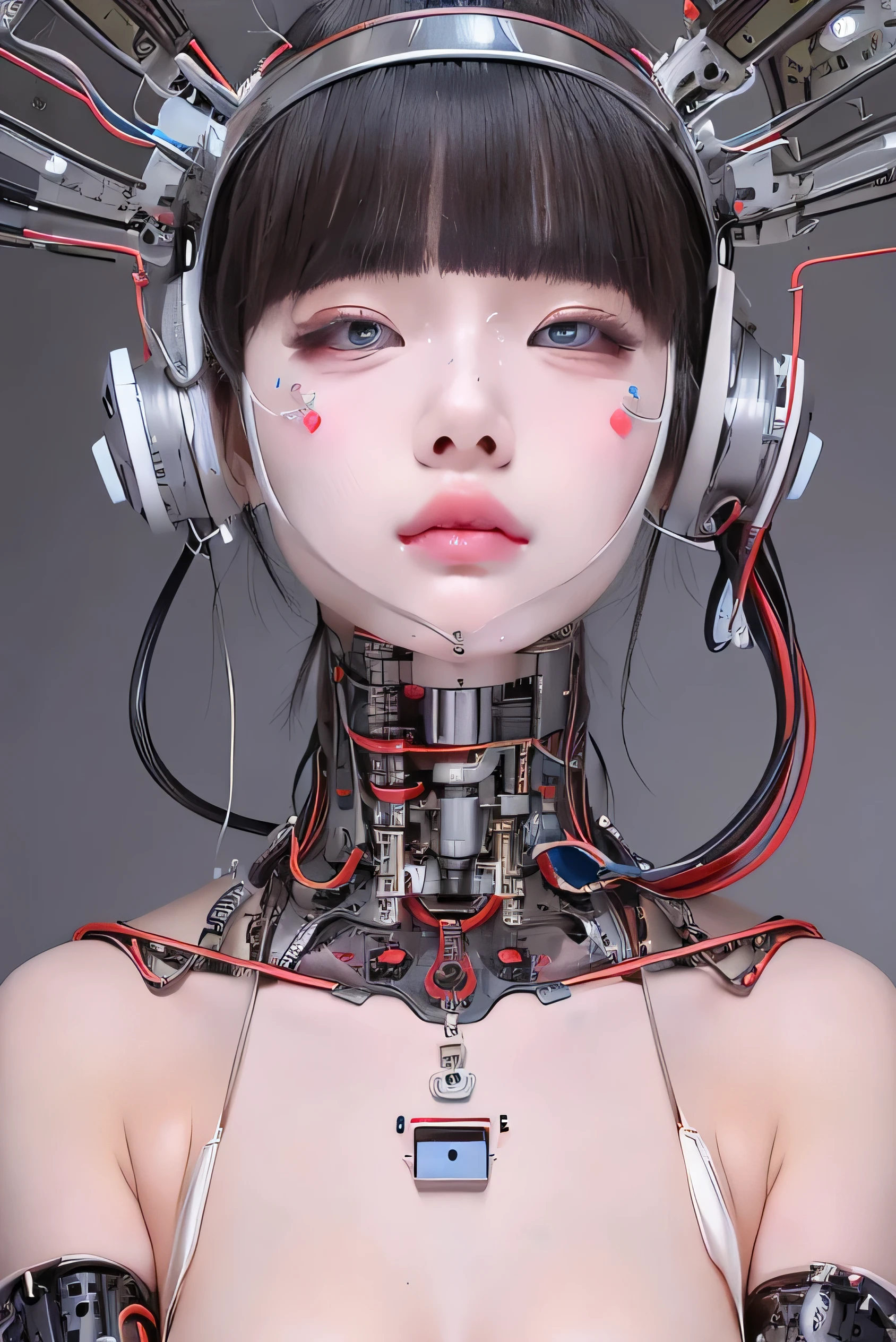 masterpiece, best quality, extremely detailed,portrait,front view,Japaese android girl,Plump, control panels,android,Droid,Mechanical Hand, Robot arms and legs,Blunt bangs,long tube,thick cable connected her neck