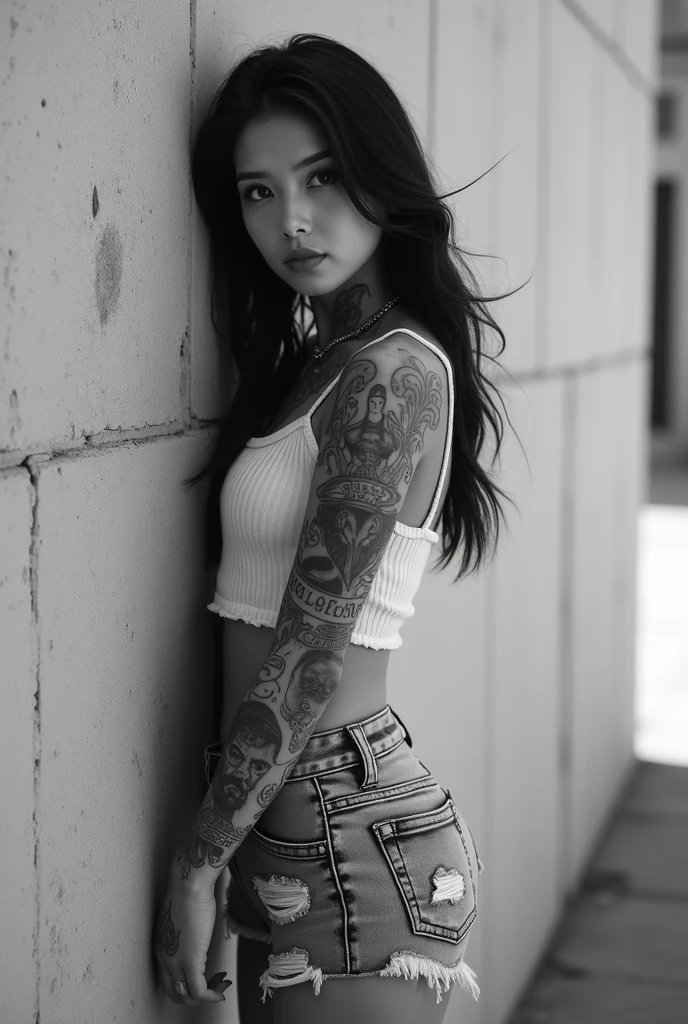 a beautiful 18 year old slim and sexy woman, emo girl, black dress, denim shorts, detailed face, long eyelashes, intricate makeup, moody expression, dark aesthetic, dramatic lighting, cinematic composition, muted color palette, dramatic shadows, grungy urban environment