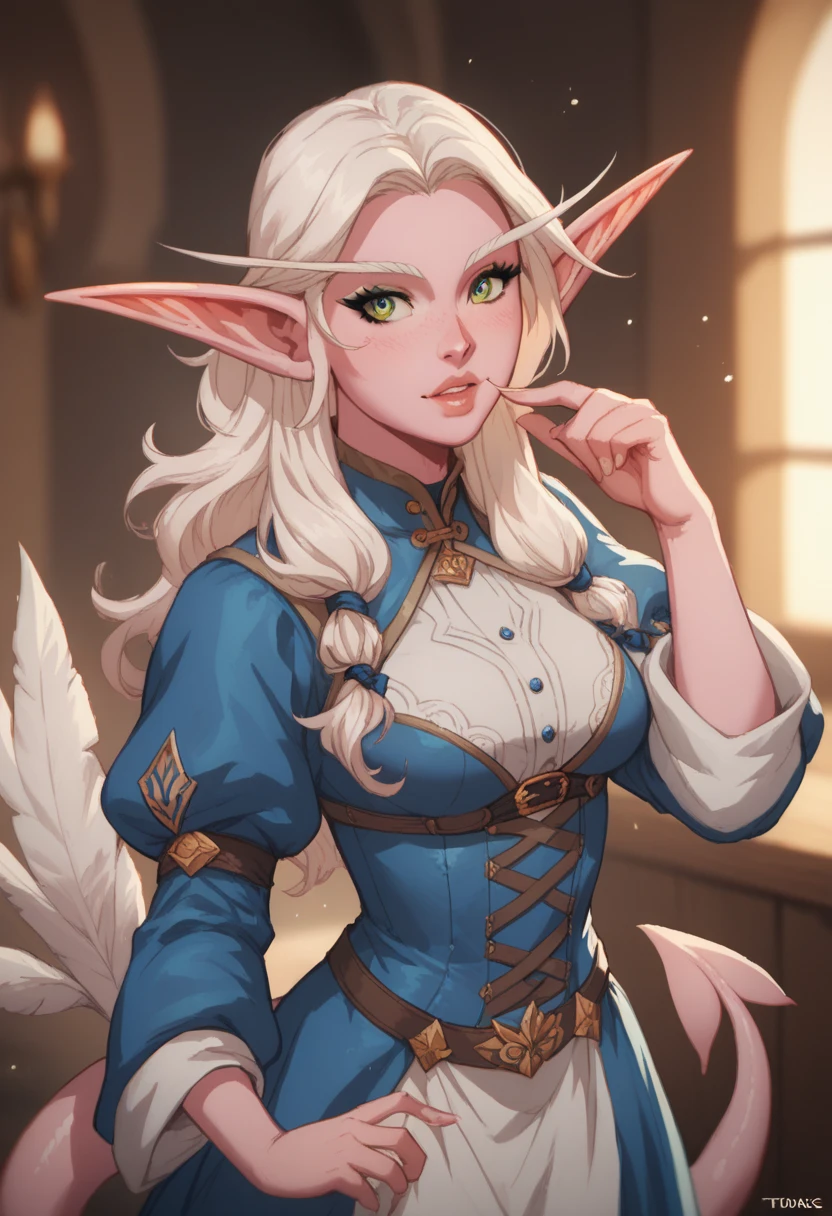 1 girl , pink skin and long hair, (very large elf-style pointy ears),  tail 10 times longer than the body,  a tail with spikes, tail with feathers  . Blue medieval clothes. 