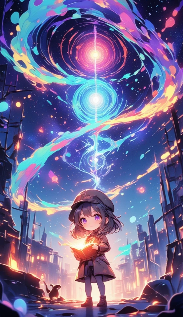 (  Masterpiece ,  High Quality , 4K, 8k,  Details),  cute detective girl  (Chibi character), Magical bubbles ( How They Shine in Rainbow Colors 々Big Bubbles )  emanating from a magic book held by a girl (Chibi character). Illuminated , Magical bubbles surrounding the girl in spirals,  ancient magic circle shining in the sky ,  Bubbles Shining with Overwhelming Power ,  fantasy style , Integrated CG wallpaper ,Brown beret，brown detective suit，