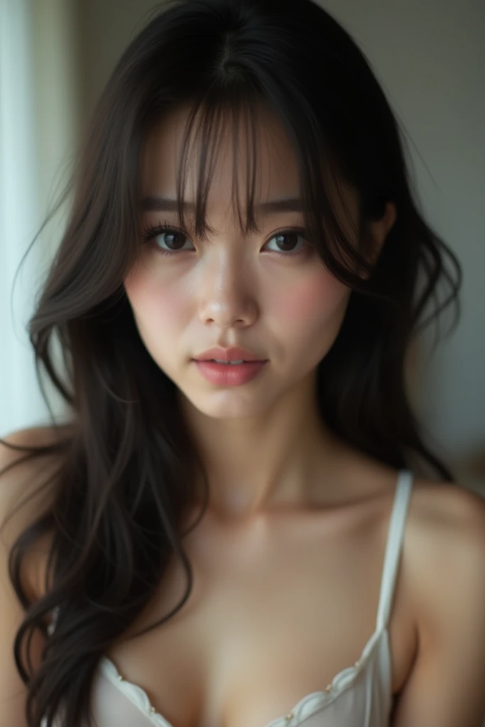 raw photo, real photo, young girl, drooping eyes, Beautiful clear eyes, unique, individual, distinctive face, real skin, Bare skin, slightly open mouth, (Seductive transparent underwear), (dripping, cleavage, fascinating chest), saggy breasts, saggy fascinating chest, lovely, neat, calm, happy, innocent, peaceful, soothing, youthful, irreplaceable, (Extremely high-density images, Ultra-high resolution, 8k, Extremely high resolution, Super fine skin texture), dimple, charming, (fascinating look), dynamic angle,