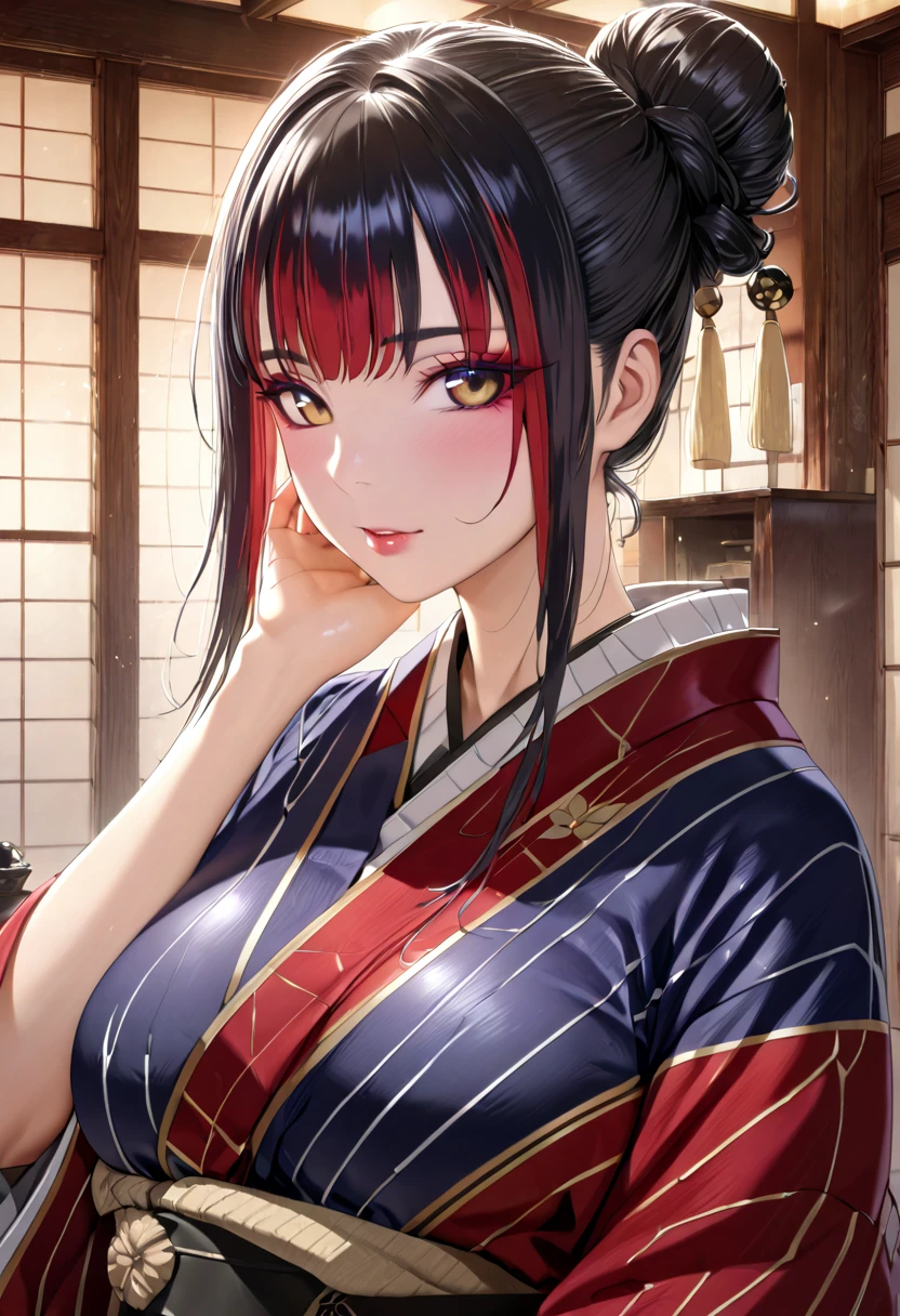 (best quality), (very aesthetic), (ultra-detailed), (best illustration),(realistic), 1 girl, solo, fine texture,black hair,single hair bun,Shiny hair,large breasts,eye makeup, Perfect Makeup, (random color kimono1.2),Japanese-style room