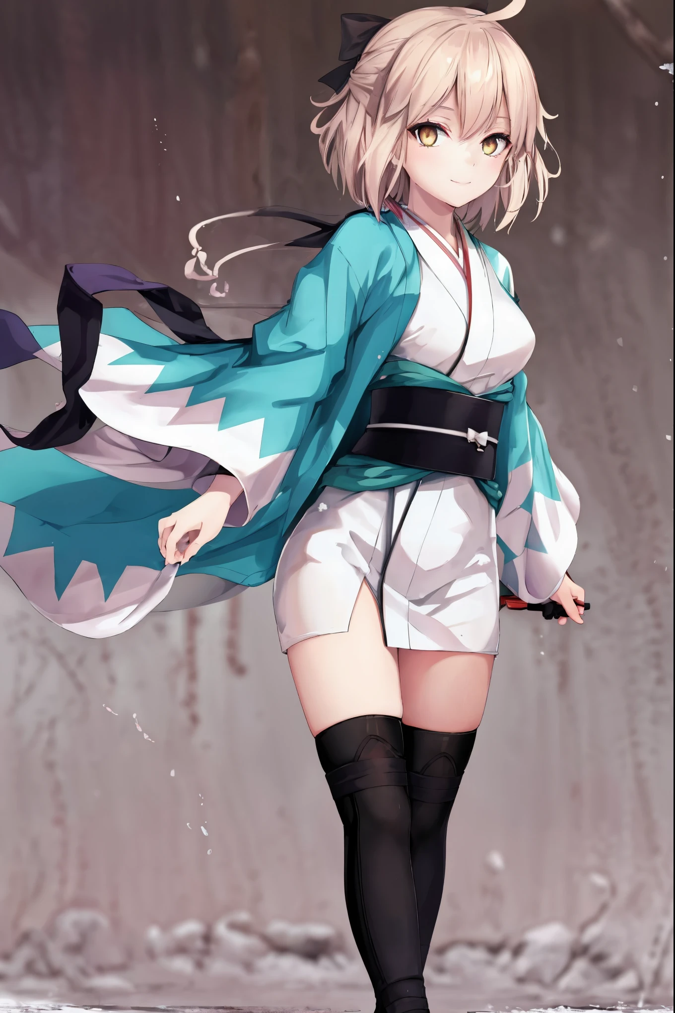 masterpiece, best quality, integrated scenery, integrated background, extremely delicate and beautiful, meticulous details, good composition, , cute face, perfect face, perfect hands, , best quality,extremely detailed CG unity 8k wallpaper,
1girl,okita souji \(fate\), white_nosleeves_short_kimono,
smile,dynamic_standing,happy,gold_half_eyes, thigh-highs,medium_breasts.