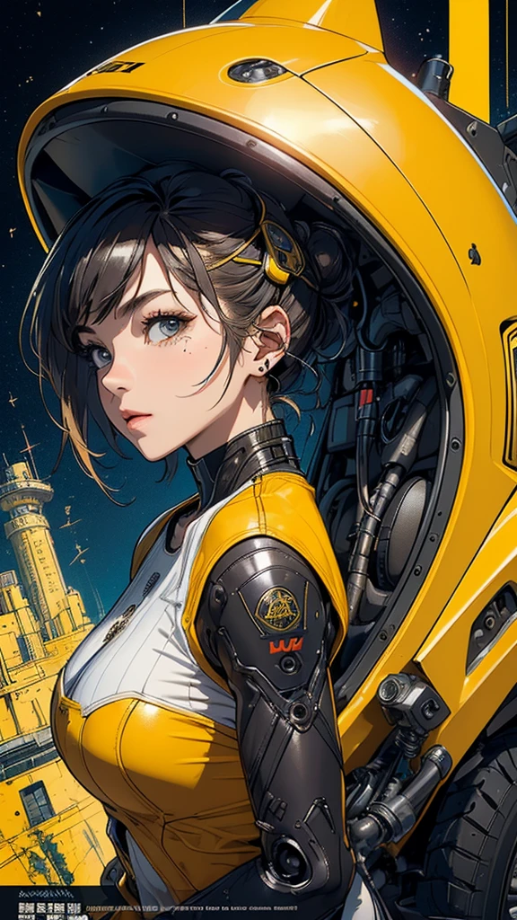 (((masterpiece, Highest quality)))、(((32K Wallpapers)))、Detailed Machinery、(((The most complete yellow futuristic machine and a woman)))、Detailed Background、Flat Chest、(((Surrounded by many complex, sophisticated, futuristic machines)))、(((((Close-up))))),(((((bust up))))),((((more various angle))))、((Overall colorfully))