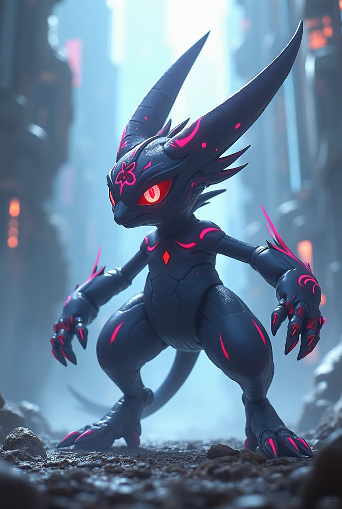 Pokemon Mewtwo, cyber, cuber 2133 style, 8K Unity rendering, skin pores, floating particles --auto