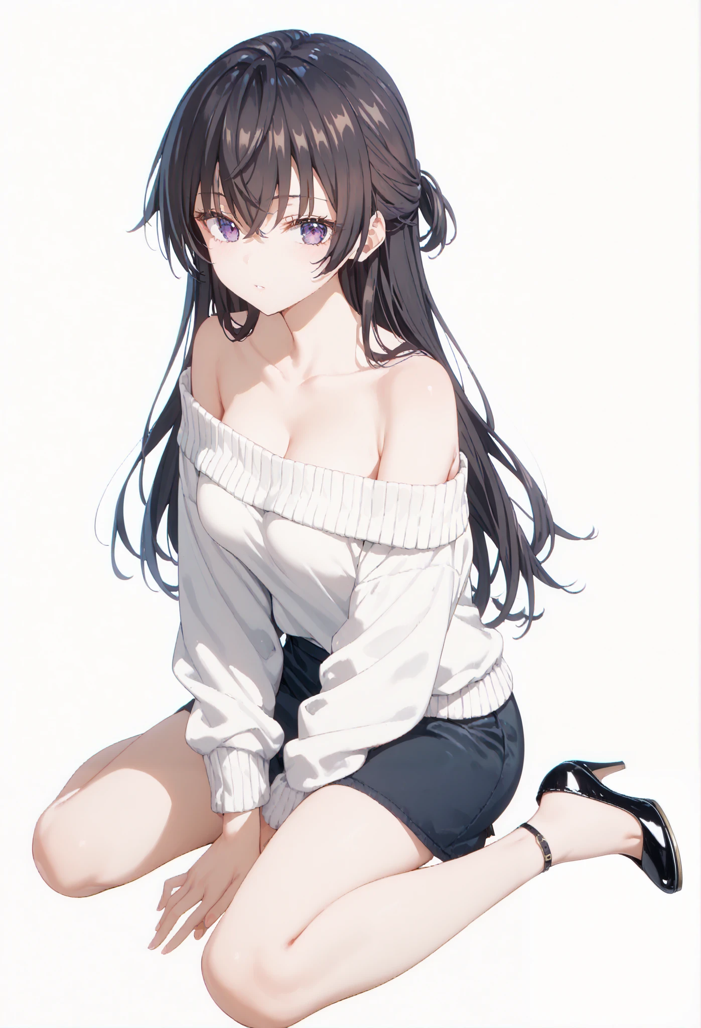 Score_9, Score_8_up, Score_7_up, source_anime, yukisuou, yukisuou, long hair, bangs, brown hair, black hair, hair between eyes, purple eyes, half updo , medium breasts, a female anime character with long blonde hair is looking up at the camera, 1girl, solo, long hair, black hair, sweater, purple eyes, high heels, off shoulder, looking at viewer, breasts, collarbone, white background, bangs, off-shoulder sweater, black footwear, full body, long sleeves, simple background, bare shoulders
