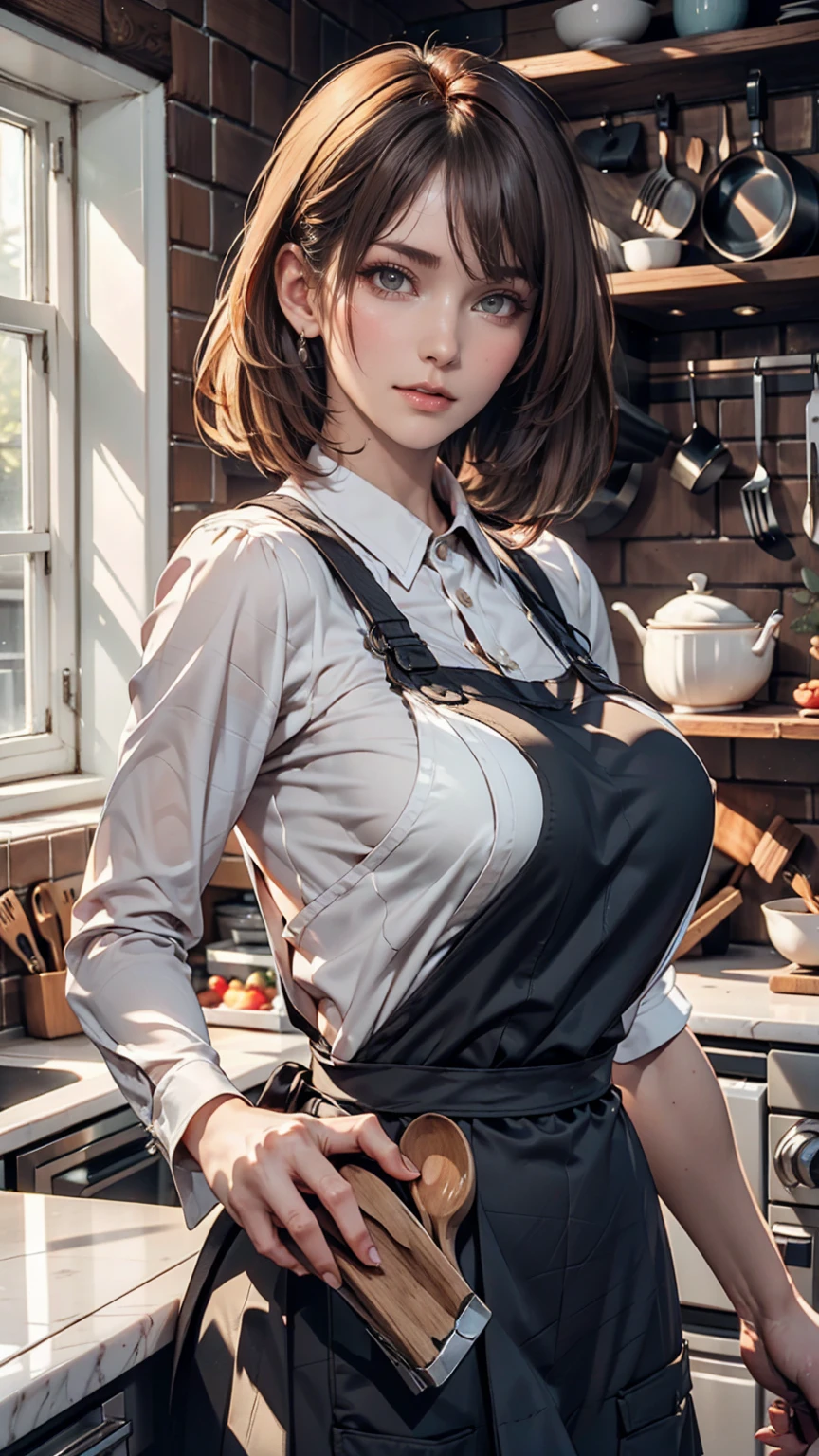 ((Patisserie))、(Cake shop)、masterpiece, highest quality, High resolution,  1 girl, alone, big breasts、beret, skirt with suspenders, black hair、bowl cut hair, (((shirt)))、looking at the viewer, from below, Looking down on the viewer, skirt lift, looking at camera, from belowのアングル,, beautiful skin, light shines on your face, highly detailed face, highly detailed lips, vagina,((delicate pictures))，(Detailed RAW photos of girls), (muste piece:1.25), (best quality:1.6), (超High resolution:1.5), (It&#39;s photorealistic:1.75), 8K resolution,:1.6),  Canon EOS R5, 50mm, disorganized, Super detailed,cinematic lighting、spread legs、(Cute pattern printed panties)、high socks、accessories、