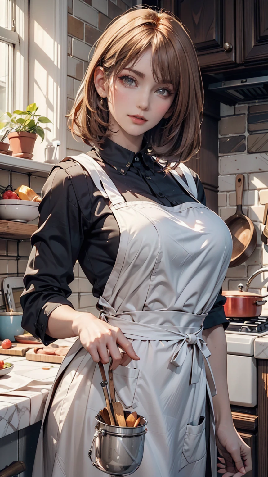  close-up portrait of a girl, Classic Bob, apron,  Amazing body  ,  feminine features pronounced , Big Breasts, kitchen, [Ash Blonde | ginger | Pink Hair], Freckles, glancing at the camera