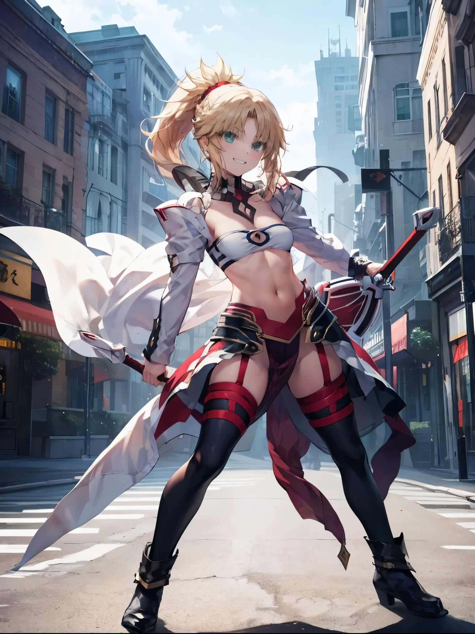 best quality, integrated scenery, integrated background, extremely delicate and beautiful, meticulous details, good composition, cute face, perfect face, perfect hands ,Masterpiece, Best Quality, illustration, city street, 1girl, Mordred \(fate\), collarbone, Detailed blond hair ponytail braid, green eyes,, White tubetop ,pelvic_curtain,navel,thigh-high,grin,(covered_nipples:0.6),skiny,big_smile,solo,boots,thigh-highs,groin,1long_sword,grab_the_loog_sword_hilt,fighting_pose, carry_the_long_sword_on_girl_shoulder