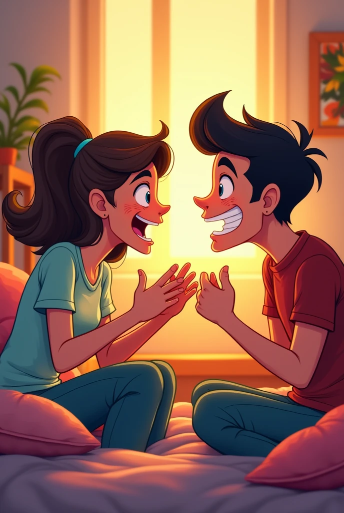 Create image of: A man with black hair, very pale, dressed casually in a simple t-shirt and jeans, he's making an exaggerated expression of surprise. Together with him, a thin woman, with long hair, black and smooth, She is wearing a simple dress and they are sitting but separated talking to the man with a funny smile. The scene is cartoonish, with bright colors and exaggerated gestures that emphasize the humorous tone. The background can be simple, like a radio transmission room, with a pair of stylized paintings in the background.