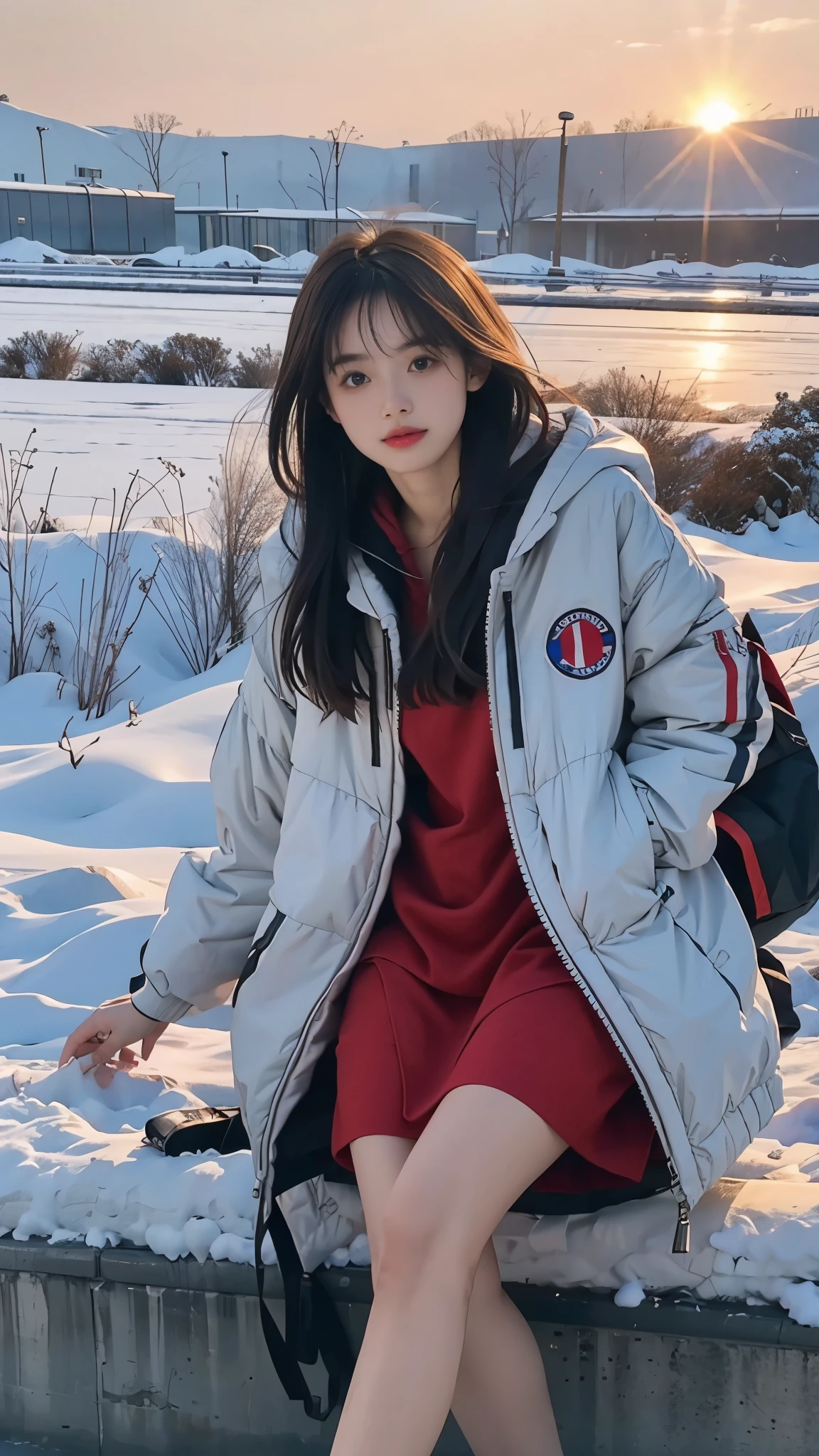 Masterpiece level,best picture quality,Ultra-clear resolution,Realistic Details(fidelity:1.4) CG works,1girle,Winter snow,(Long pink down jacket:1.6),(The face is a little rosy:1.2),Long Black Hair,Black eyes,hands in pockets,Look at the audience affectionately,There are a few snowflakes in the sky,Winter with clear skies,full-body photo,14 year old girl,smile,,shy