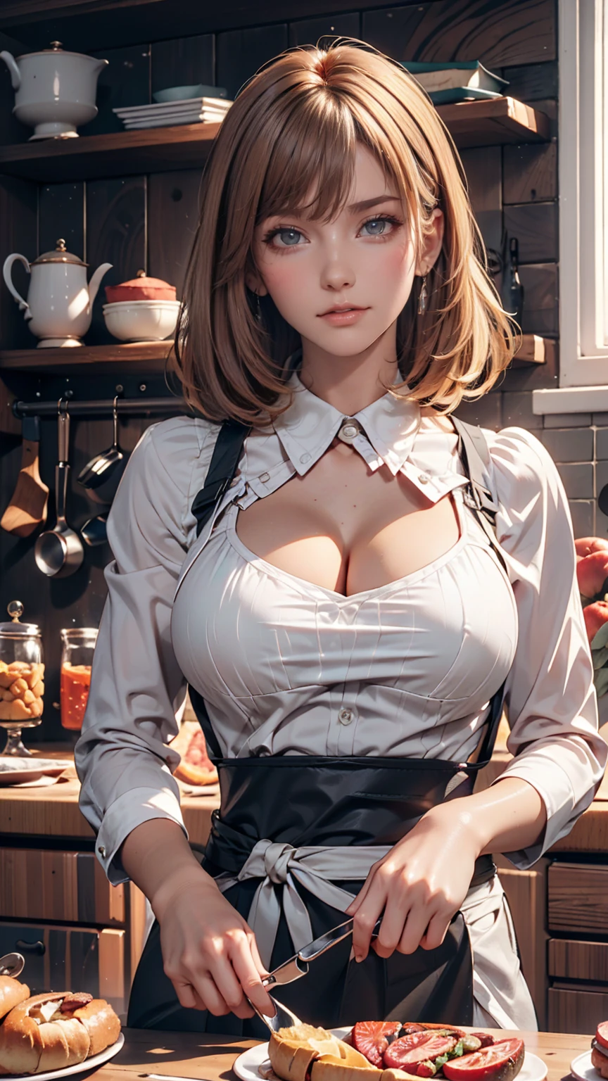  close-up portrait of a girl, Classic Bob, apron,  Amazing body  ,  feminine features pronounced , Big Breasts, kitchen, [Ash Blonde | ginger | Pink Hair], Freckles, glancing at the camera