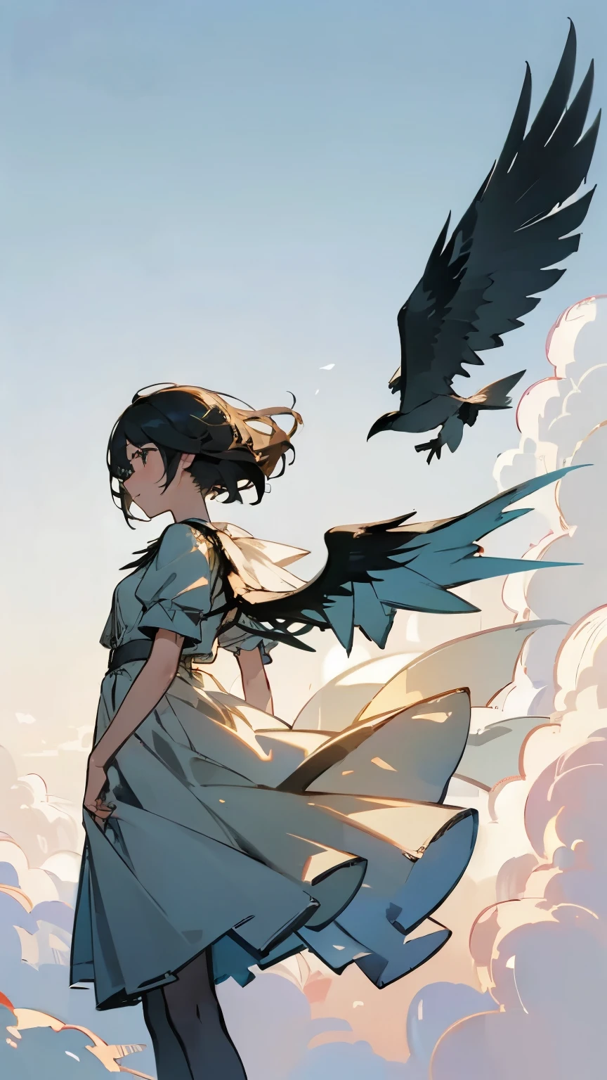 ( Flying Bird Silhouettes:1.2)、( If you look closely, it's a girl with bird wings on her arms:1.2)、  pretty girl 、((  Masterpiece )), ((( best quality))), (( ultra detail)),  (wonderful:1.1), beautiful, nature, Sky and ground, Strong winds, Blown by the Wind, Line Cloud,Light shines through clouds ,  teeth、 It's in a lush forest jungle with wildlife and animals from the jungle,   Award-Winning Photos  , BLN-L24,  exposure , High Contrast ,Low saturation,High color 8K 3D, 2x.8 Lenses, Aerial View,  cinematic lighting 