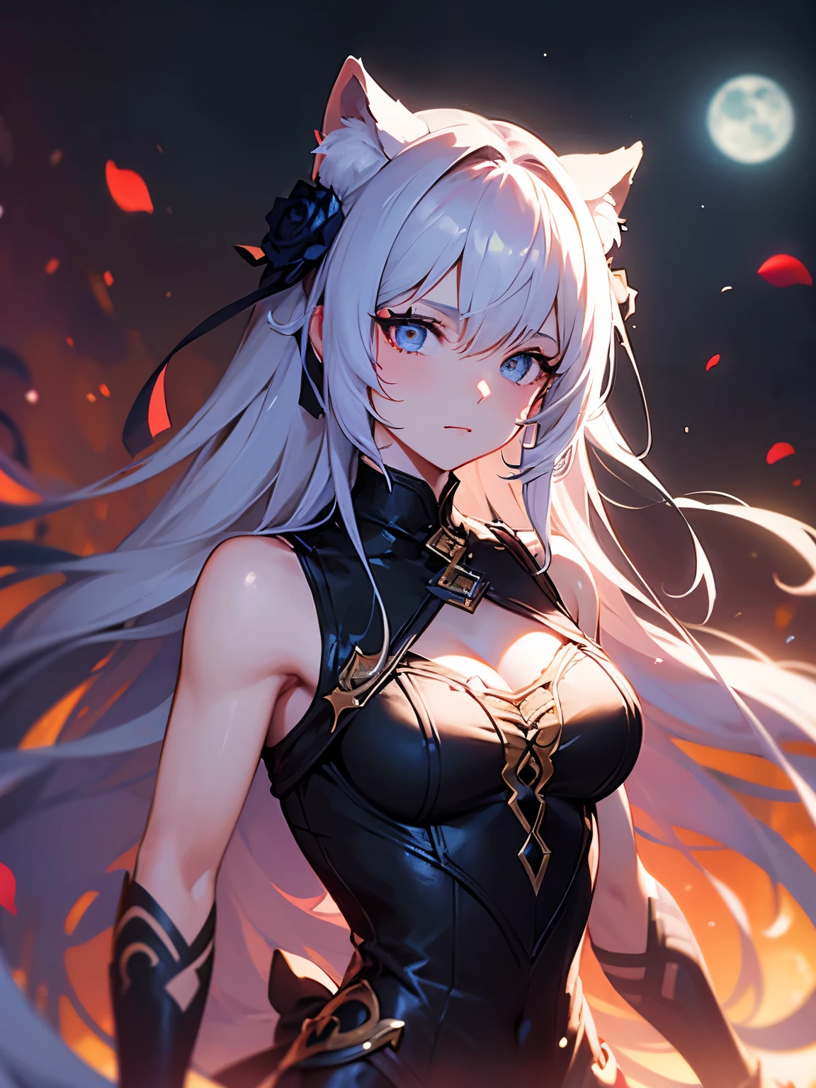 Beautiful woman (light skin) (long white hair) (white wolf ears) (white wolf tail) (beautiful blue eyes) (toned and slender body with a little big breasts) (light armor and red and black Slavic clothing) (proud posture) ( European forest) (night sky)