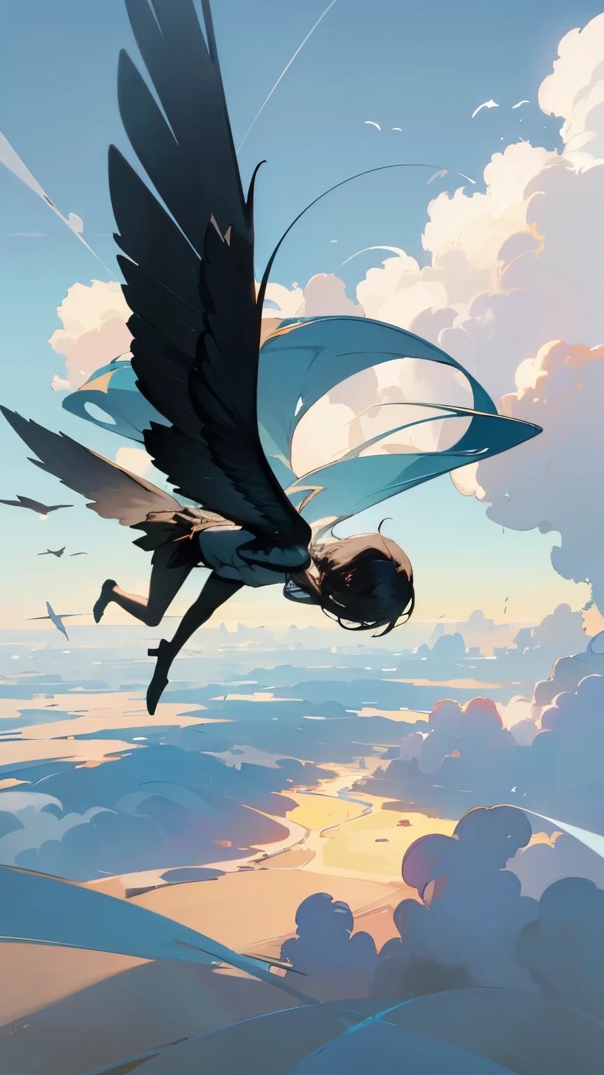 ( Flying Bird Silhouettes:1.2)、( If you look closely, it's a girl with bird wings on her arms:1.2)、  pretty girl 、((  Masterpiece )), ((( best quality))), (( ultra detail)),  (wonderful:1.1), beautiful, nature, Sky and ground, Strong winds, Blown by the Wind, Line Cloud,Light shines through clouds ,  teeth、 It's in a lush forest jungle with wildlife and animals from the jungle,   Award-Winning Photos  , BLN-L24,  exposure , High Contrast ,Low saturation,High color 8K 3D, 2x.8 Lenses, Aerial View,  cinematic lighting 