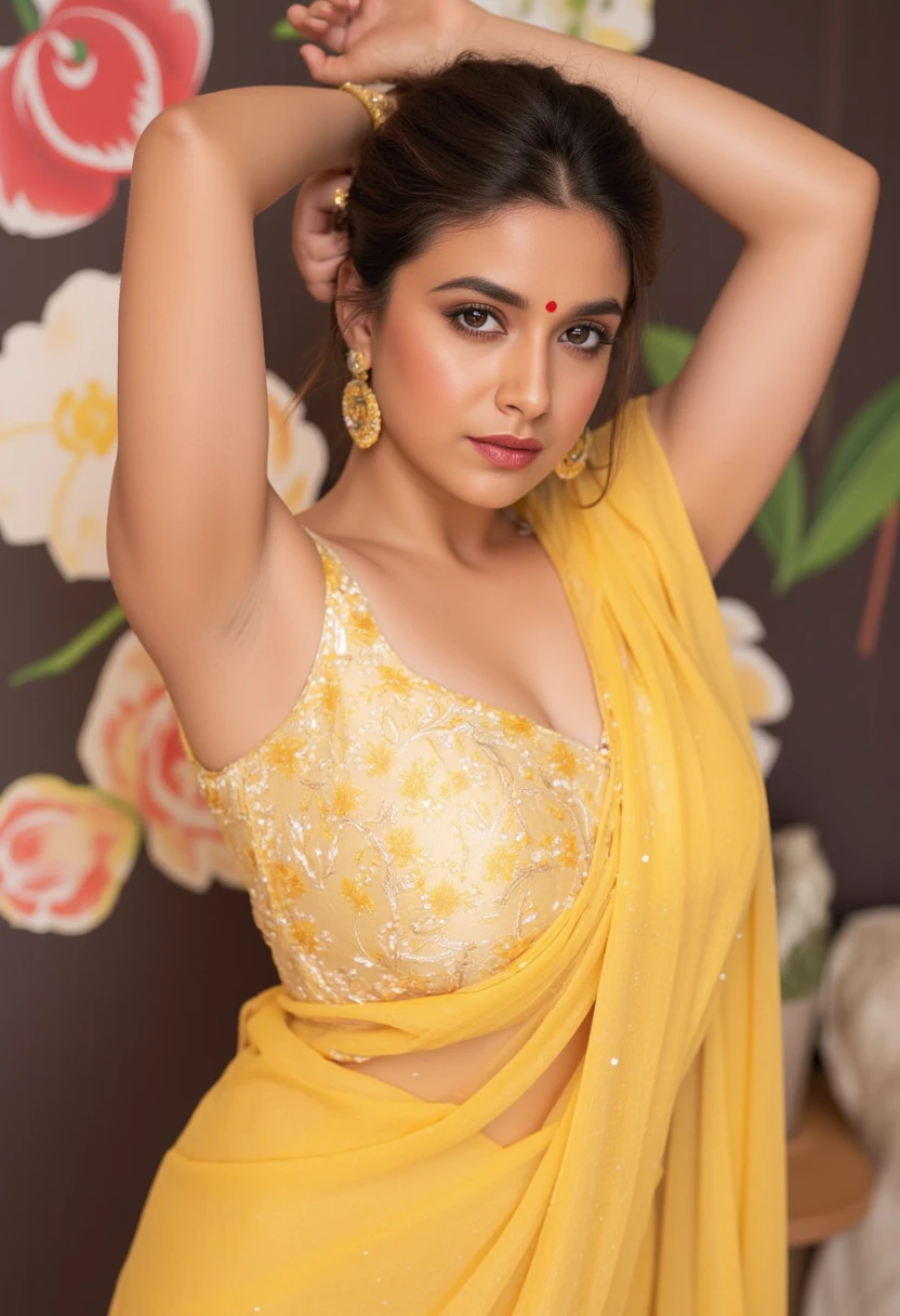  captivating, charming, 1woman, curvy figure, healthy and fleshy body, village woman, carrying woods from jungle, village clothing, green forest background, wearing only saree (sari), village life, working stills, retro village sari, Model photography featuring a curvy figure, inspired by Mohanan Manimala art, instagram post, showcases a sensual and bold woman with a modern sleeveless blouse. The model wears a designer saree and a designer sari, showcasing her attractive physique and pale skin. The image captures a captivating, lusty figure with detailed eyes and a deep, dark navel hole. The model is a hot and attractive figure, showcasing her perfect body, perfect face, and seductive expression, no other woman on the screen,
