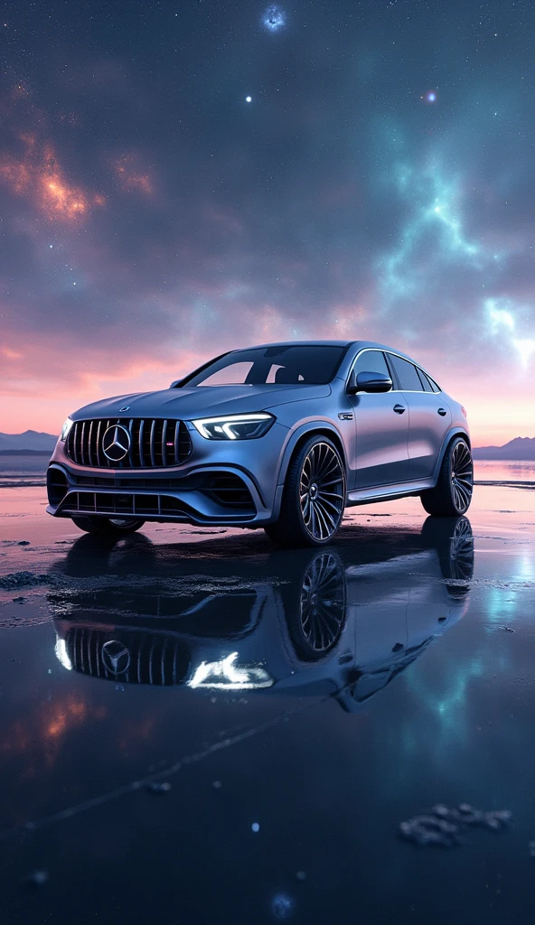 A cinematic and futuristic concept design of a Mercedes GLE, showcased in a highly photogenic scene, positioned on a large, reflective expanse of water in space. The sleek SUV features cutting-edge design elements, including streamlined curves, illuminated accents, and a grille with a mini tiled Mercedes star logo pattern. The vehicle is rendered in hyper-detailed 8K quality with a metallic finish that reflects the surrounding ethereal light.

The expansive water surface mirrors a breathtaking cosmic landscape, with stars, nebulae, and subtle glowing planets in the background. The shallow depth of field focuses on the GLE, emphasizing its futuristic aesthetics while softening the cosmic environment for a dramatic and immersive feel. The scene exudes an otherworldly elegance, making it ideal for a captivating desktop wallpaper.