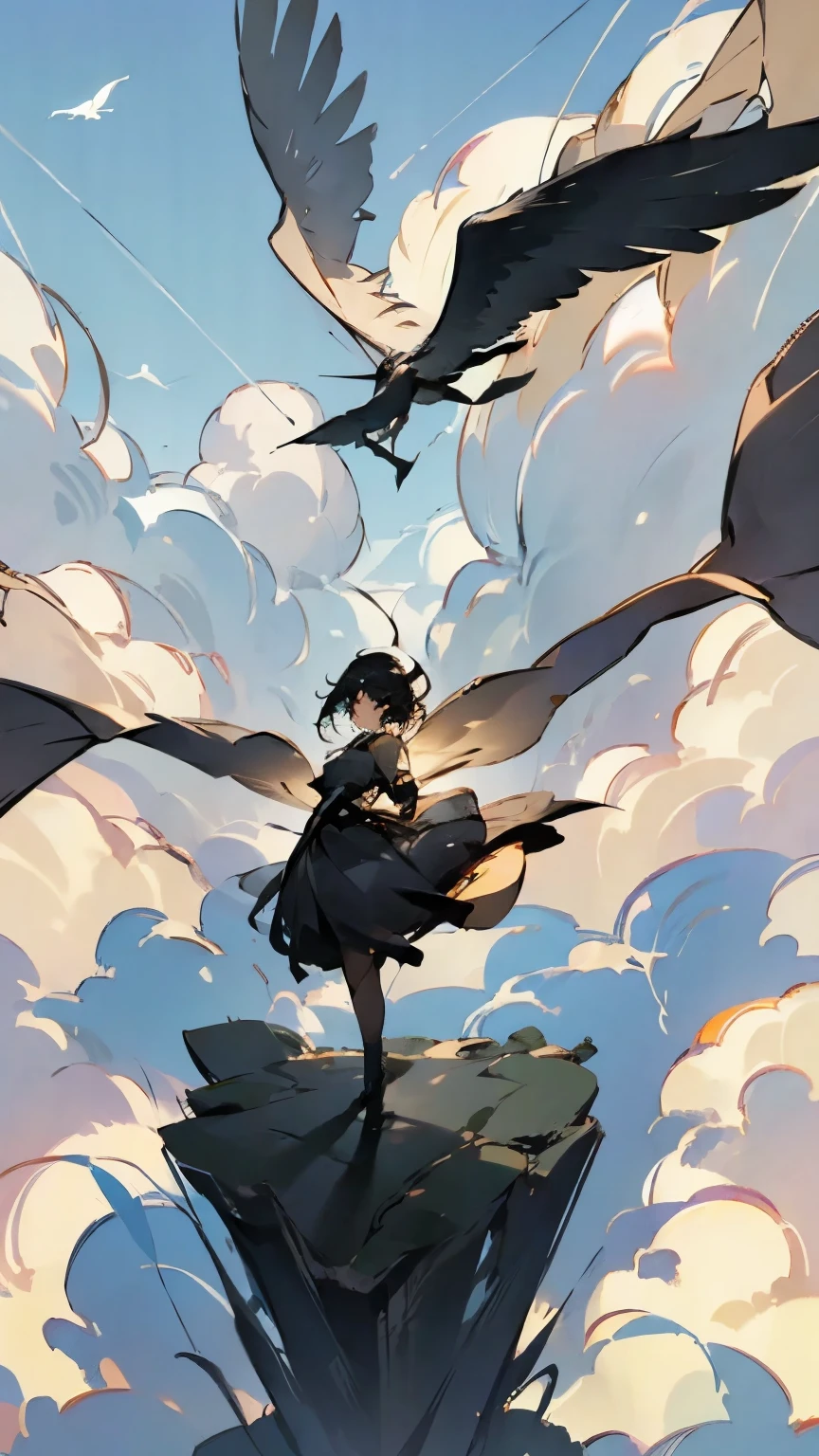 ( Flying Bird Silhouettes:1.2)、( If you look closely, it's a girl with bird wings on her arms:1.2)、  pretty girl 、((  Masterpiece )), ((( best quality))), (( ultra detail)),  (wonderful:1.1), beautiful, nature, Sky and ground, Strong winds, Blown by the Wind, Line Cloud,Light shines through clouds ,  teeth、 It's in a lush forest jungle with wildlife and animals from the jungle,   Award-Winning Photos  , BLN-L24,  exposure , High Contrast ,Low saturation,High color 8K 3D, 2x.8 Lenses, Aerial View,  cinematic lighting 