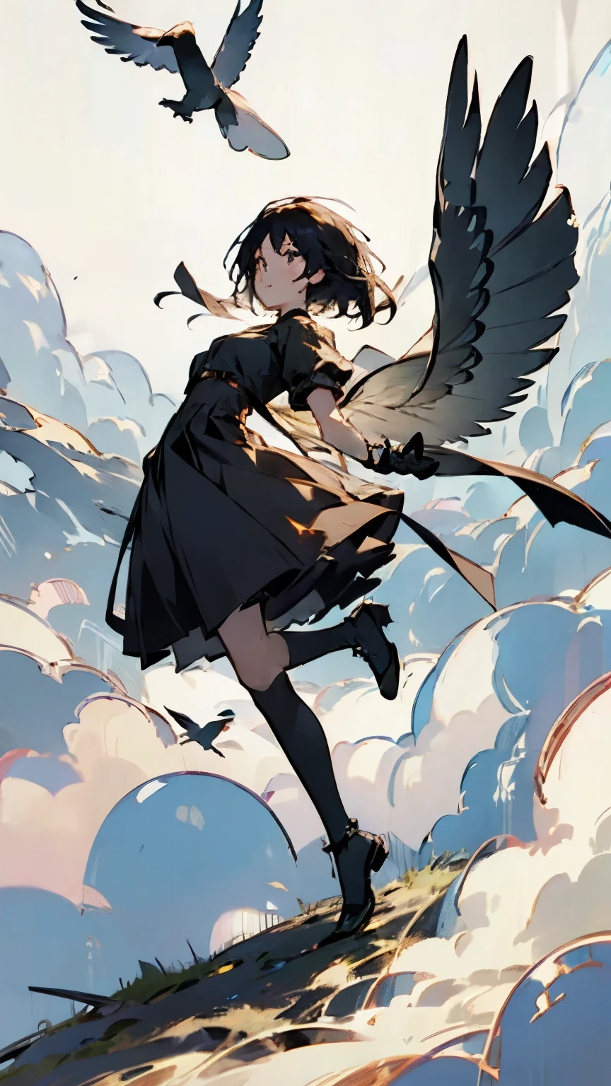 ( Flying Bird Silhouettes:1.2)、( If you look closely, it's a girl with bird wings on her arms:1.2)、  pretty girl 、((  Masterpiece )), ((( best quality))), (( ultra detail)),  (wonderful:1.1), beautiful, nature, Sky and ground, Strong winds, Blown by the Wind, Line Cloud,Light shines through clouds ,  teeth、 It's in a lush forest jungle with wildlife and animals from the jungle,   Award-Winning Photos  , BLN-L24,  exposure , High Contrast ,Low saturation,High color 8K 3D, 2x.8 Lenses, Aerial View,  cinematic lighting 