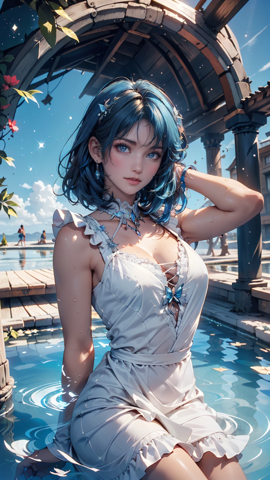 one girl、small face、cute face、(((ash gray hair:1.2)))、long hair、french braid、camera's line of sight、small breasts、An ennui look、(((light blue camisole、dress)))、particles of light、sea of sunset、calm sea、white sand beach、very beautiful sunset、RAW photo、highest quality、High resolution、High resolution、masterpiece:1.3、8k、12k、professional photographer、