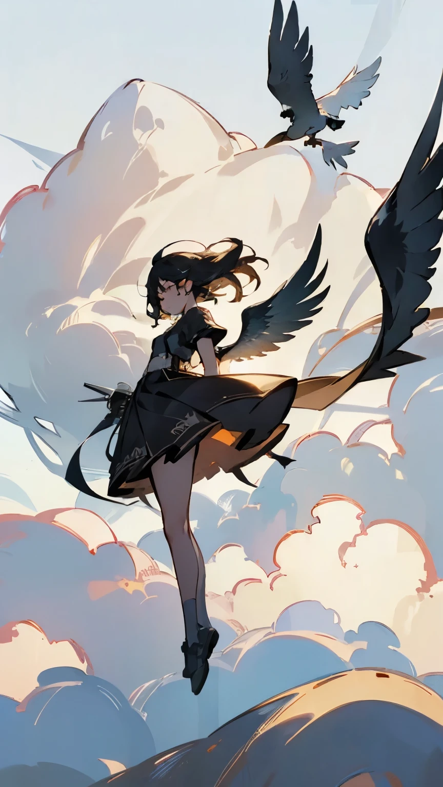 ( Flying Bird Silhouettes:1.2)、( If you look closely, it's a girl with bird wings on her arms:1.2)、  pretty girl 、((  Masterpiece )), ((( best quality))), (( ultra detail)),  (wonderful:1.1), beautiful, nature, Sky and ground, Strong winds, Blown by the Wind, Line Cloud,Light shines through clouds ,  teeth、 It's in a lush forest jungle with wildlife and animals from the jungle,   Award-Winning Photos  , BLN-L24,  exposure , High Contrast ,Low saturation,High color 8K 3D, 2x.8 Lenses, Aerial View,  cinematic lighting 