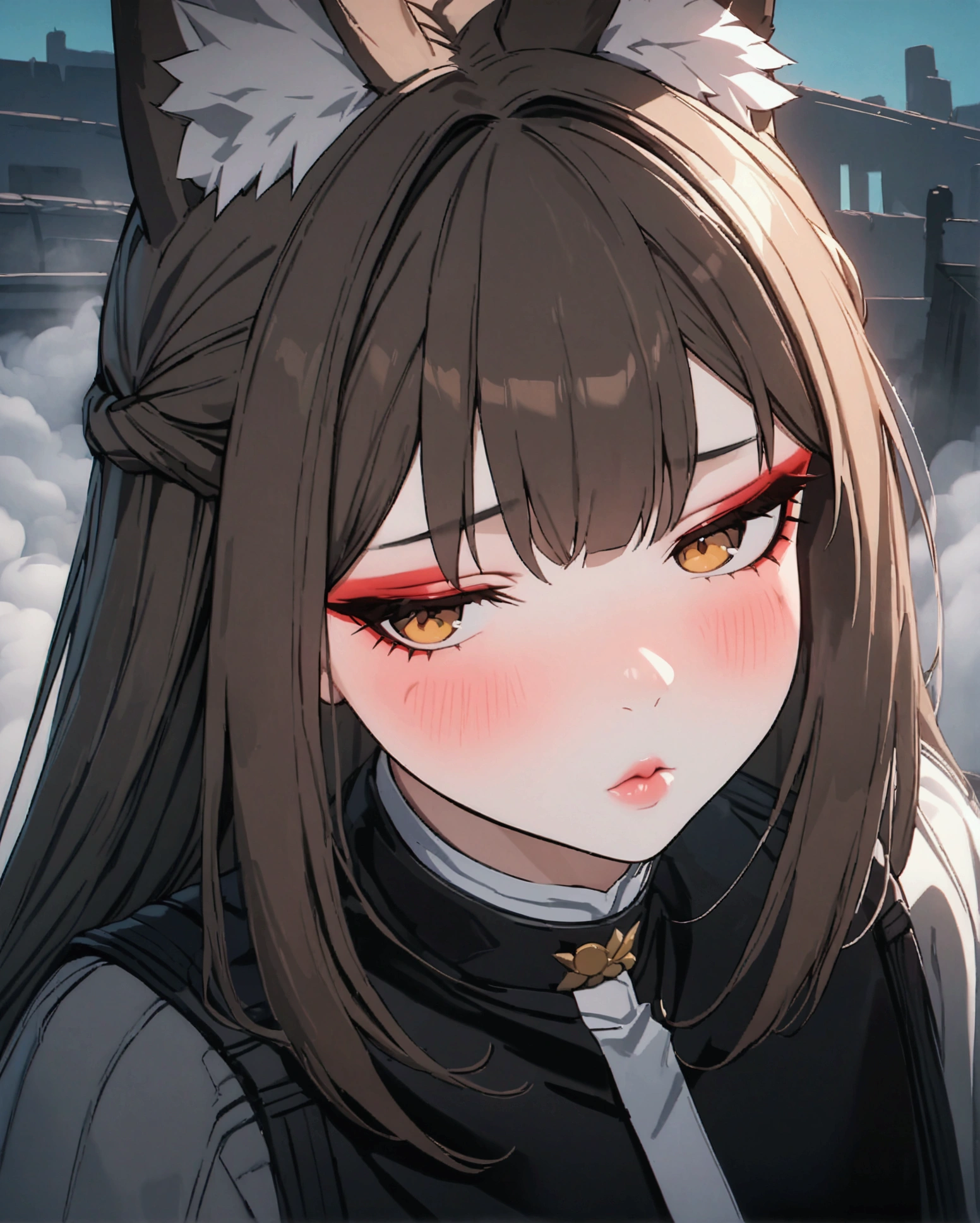 Miyabi Hoshimi, Beauty, Beautiful eyes, blush, uhd, retina, masterpiece, ccurate, anatomically correct, textured skin, super detail, high details, high quality, best quality, highres, puckered lips, gloss lips, lipstick, 4K, eyeshadow, eyeliner, blush, fox ears, long hair, fog, steam, feet