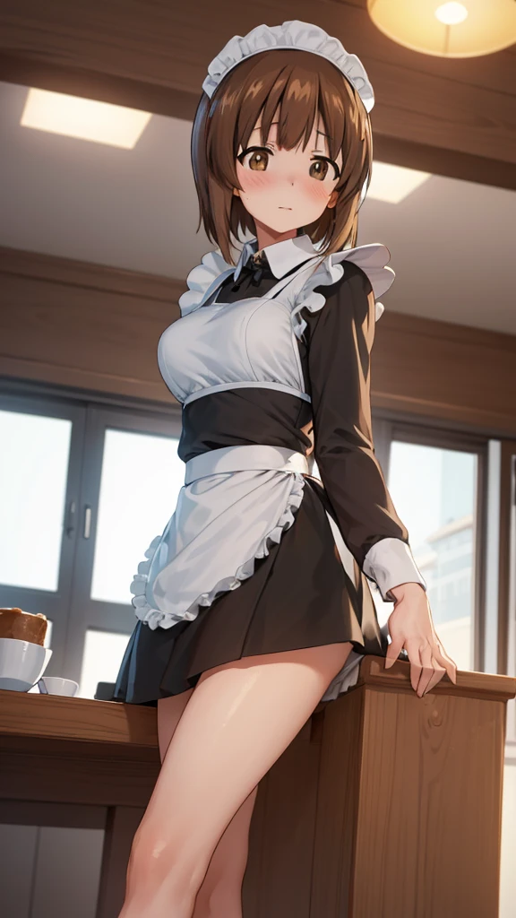  1 girl , Alone, Girls＆Panzer, nishizumi miho,   Brown Eyes ,  brown hair,  shorthair, (Maid uniform:1.4), closed mouth , happy ,indoor, Cafe , stylish angle , Flip-up skirt, white panties, Surprised Face 、 open legs、 white panties、Panic face、 boobs、 open legs、 angle from below、 raise your legs、sit、Troubled face、 Surprised Face 