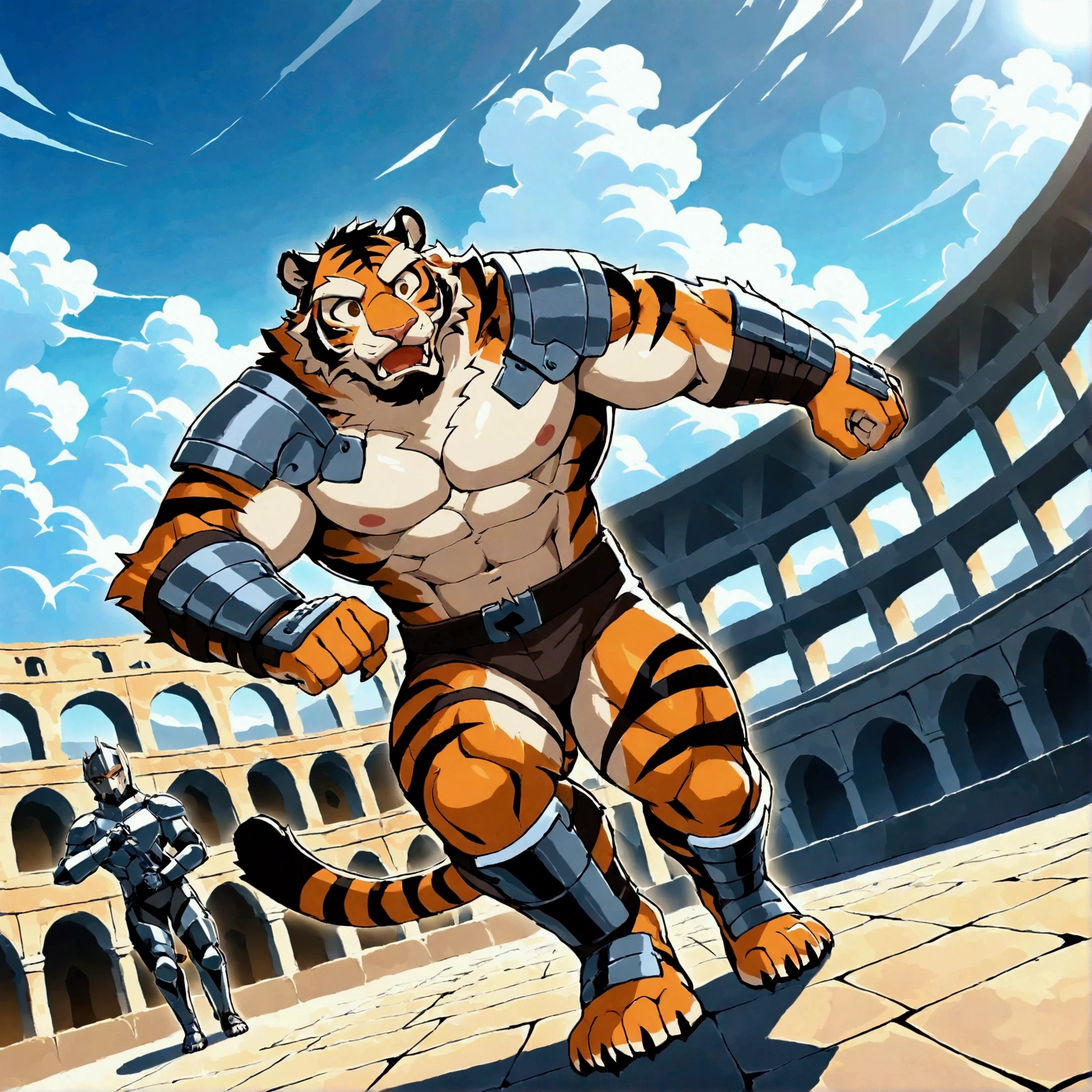 gladiator, a plump middle-aged tiger man, full body in Michelangelo Buonarroti style, digital illustration anime, character focus, full body, looking away, dynamic angle, BREAK gladiator armor, helmet, fighting, dynamic pose, detailed painting landscape, morning, colosseum, outdoor, BREAK complete anatomy, perfect proportions, beautiful thigh gap, fluffy body, intricate fur details, beautiful fur texture, BREAK detailed tiger 1tail, detailed toe, 4toes, 4toes nails, beautiful foot, detailed hands, 5fingers, 5fingers nails, BREAK aesthetic anime face, insanity detailed face, male face, big face, square jawline, aesthetic anime eyes, detailed brown eyes, detailed brown cornea, detailed dark brown irises, detailed pupils, male eyes, big eyes, male eyebrows, innocent look, beautiful beard, BREAK masterpiece, official art, best quality, very aesthetic, absurdres, super fine illustration, great quality, BREAK noise reduction, very highres, large filesize, high quality, 32K, 8k wallpaper, dynamic lighting, BREAK insanity detailed, ultra detailed, intricate details, extremely detailed, detailed texture, an extremely delicate and beautiful, full color, HDR, BREAK e621 uncut tag, Fur Affinity illustration, osukemo, kemohomo, anthropomorphic, furry, cartoon, harmonious, pastoral, virtuous, epic atmosphere 