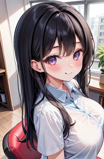  one girl、、15-year-old student、smile、 black hair long hair, big breasts