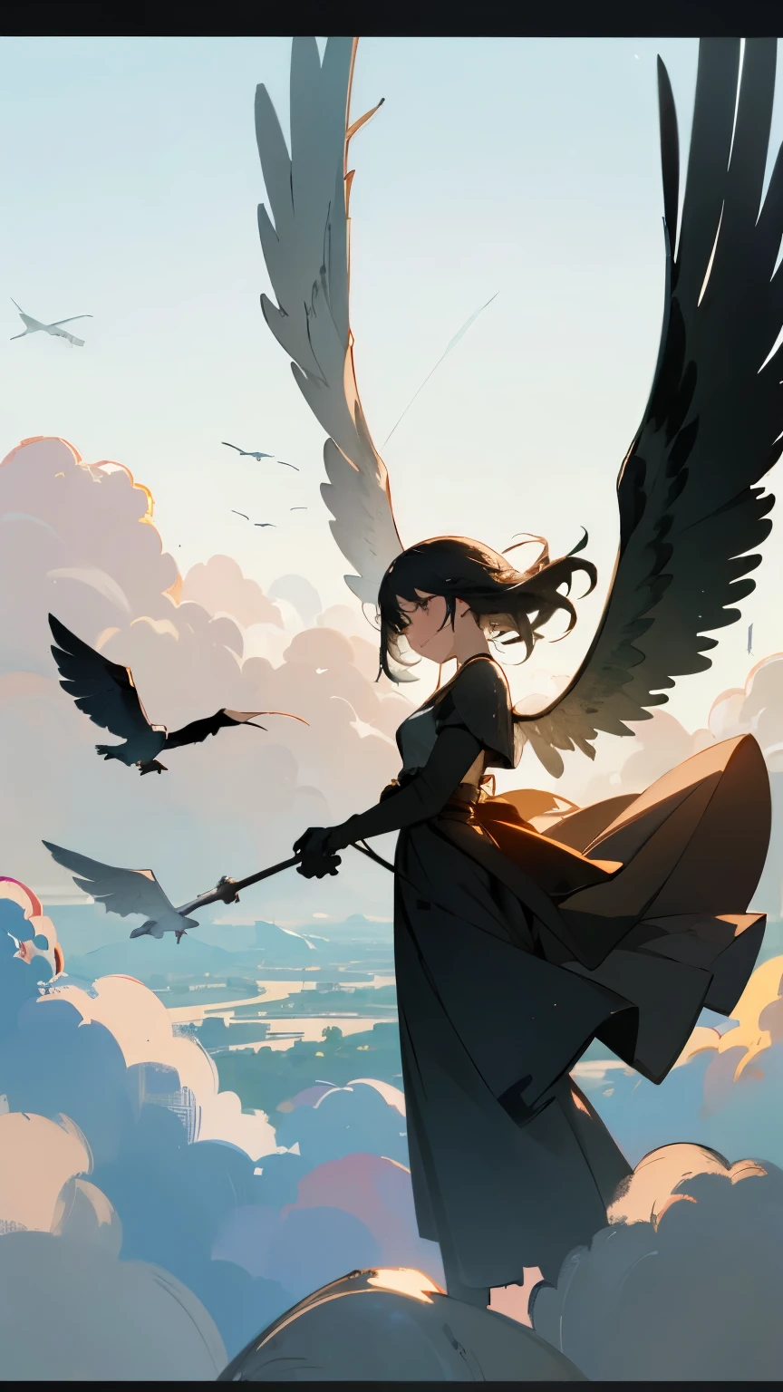 ( Flying Bird Silhouettes:1.2)、( If you look closely, it's a girl with bird wings on her arms:1.2)、  pretty girl 、((  Masterpiece )), ((( best quality))), (( ultra detail)),  (wonderful:1.1), beautiful, nature, Sky and ground, Strong winds, Blown by the Wind, Line Cloud,Light shines through clouds ,  teeth、 It's in a lush forest jungle with wildlife and animals from the jungle,   Award-Winning Photos  , BLN-L24,  exposure , High Contrast ,Low saturation,High color 8K 3D, 2x.8 Lenses, Aerial View,  cinematic lighting 