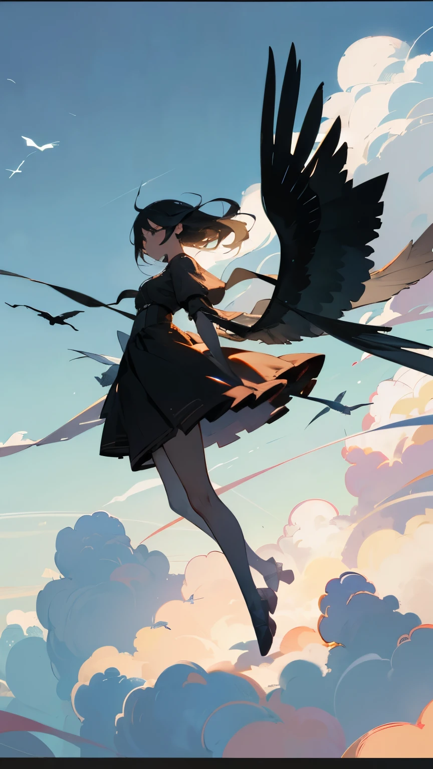 ( Flying Bird Silhouettes:1.2)、( If you look closely, it's a girl with bird wings on her arms:1.2)、  pretty girl 、((  Masterpiece )), ((( best quality))), (( ultra detail)),  (wonderful:1.1), beautiful, nature, Sky and ground, Strong winds, Blown by the Wind, Line Cloud,Light shines through clouds ,  teeth、 It's in a lush forest jungle with wildlife and animals from the jungle,   Award-Winning Photos  , BLN-L24,  exposure , High Contrast ,Low saturation,High color 8K 3D, 2x.8 Lenses, Aerial View,  cinematic lighting 