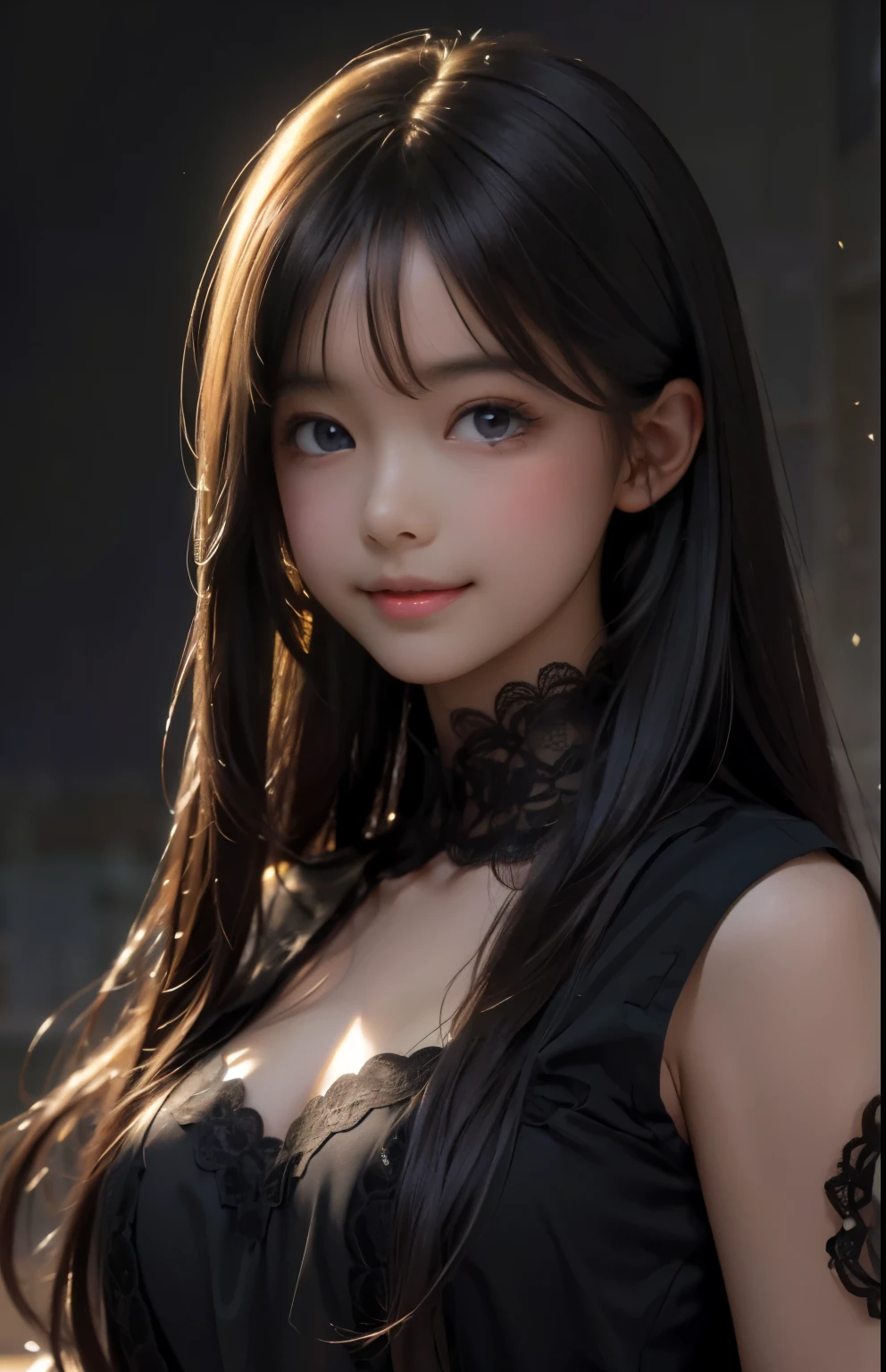 (Ultra Realistic), (Illustration), (Increased Resolution), (8K), (Extremely Detailed), (Best Illustration), (Beautiful and Detailed Eyes), (Best Quality), (Ultra Detailed), (Masterpiece ), ( wallpaper), (detailed face), solo, 1 girl, looking at viewer, fine details, detailed face, in the dark, deep shadows, low key, pureerosfaceace_v1, smiling, long hair, black shawl straight hair , 46 points oblique bangs