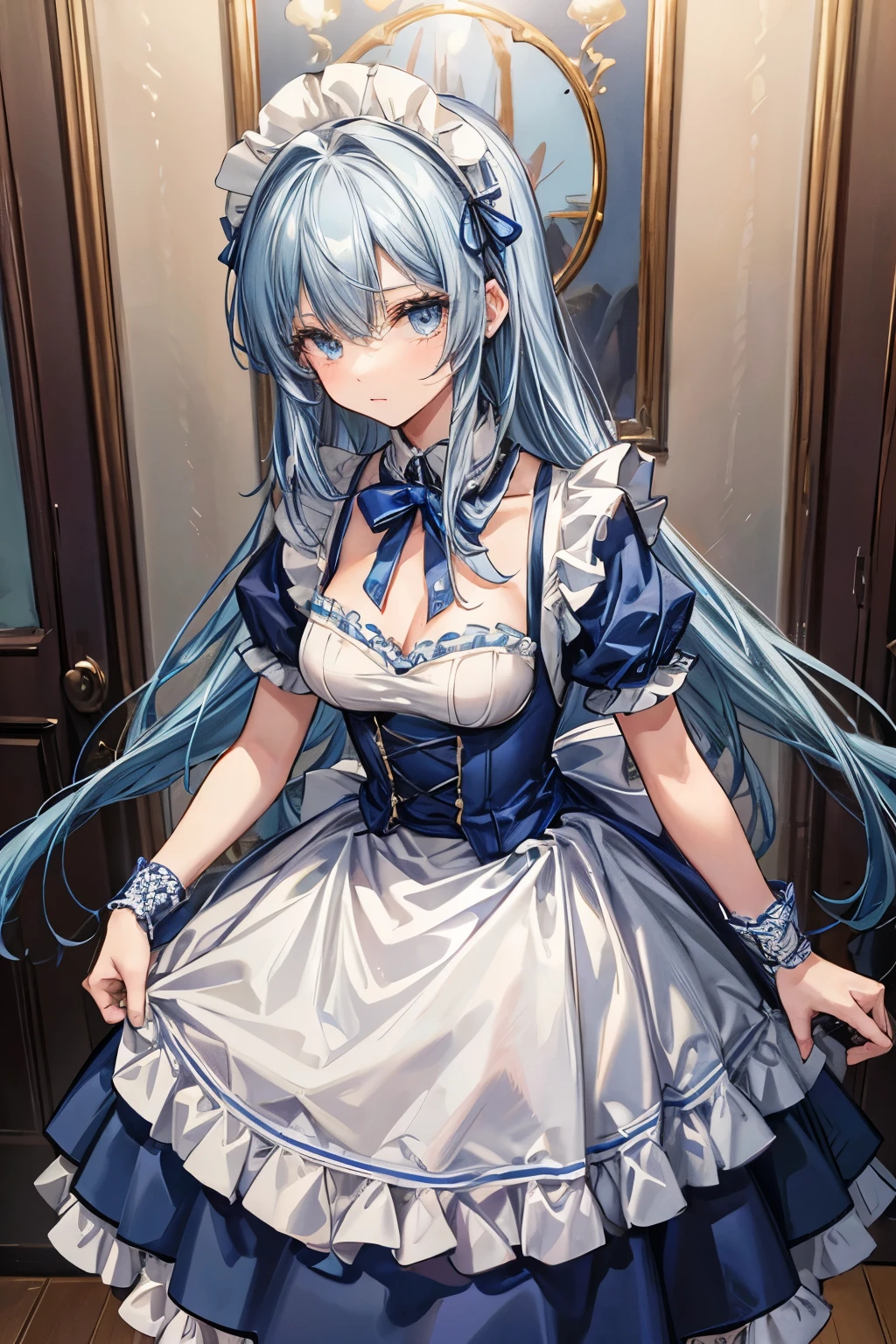 masterpiece, best quality, very detailed, pretty girl, ager, smaller breasts, Thin Waist,long straight hair, blue hair , perfect eyes, so cute,slender, Blue Maid Outfit, long skirt ,Lots of maids,A large number of maids line up,Hall
