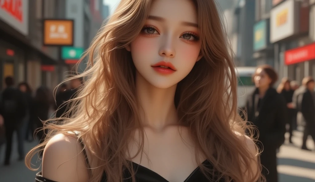 (masterpiece, Best picture quality, 8k), Real photo,Idol appearance, adult,  perfection of fashion,  Korean makeup, Lip Tint, whole body,frontal,Outdoor,A faint smile, Busy City Streets, Exquisitely Painted , Realistic,  ultra high definition ,  smooth skin ,  The highly detailed , High quality,  high detail,  high resolution,  out of focus background, pictorial, Standup, Solo, female,Celebrity,Celebrity 패션,  cowboy shot from bellow