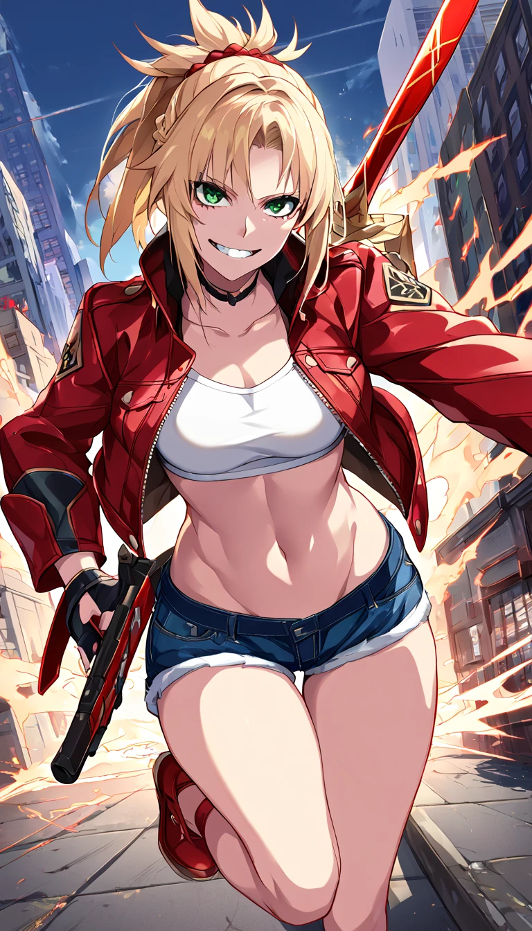 nsfw masterpiece , top quality, illustration, city town, one girl, mordred \ \fatal}, cowboy shooting, collarbone, detailed blonde ponytail braid, green eyes, red leather jacket, white short blouse, denim shorts, navel, up to thighs, grin, covered Cat, Skin