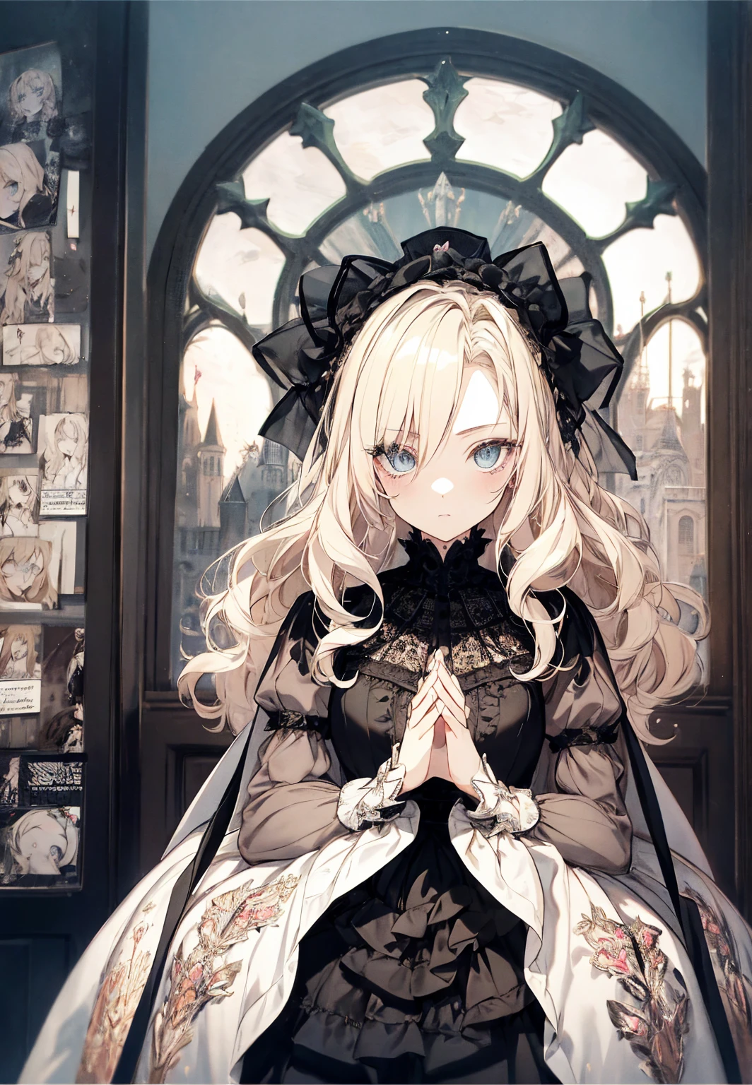 Gothic and lolita , full body head to feet, wide angle lens, luxury Gothic dress, lady name Detra , beautiful face, Cartoon image of a American woman with blonde long hair, loose waves, Super pretty 40-year-old music artist, blue eyes,normal hands, five fingers on each hand, 2 hands, Dutch pose, standing, in a castle arched window, soft colors, siren facial expression, vintage style illustration, super detailed, ultra detailed super detailed, ultra detailed Cartoon Art Style, Digital illustration style, Highly detailed character design, cute detailed digital art, beautiful digital illustration, high quality portrait, Character Design Portrait, tite cubo style, himeno, use Seed art as inspiration for Detra face, true to life, representation of detra face in seed image, solid white background 